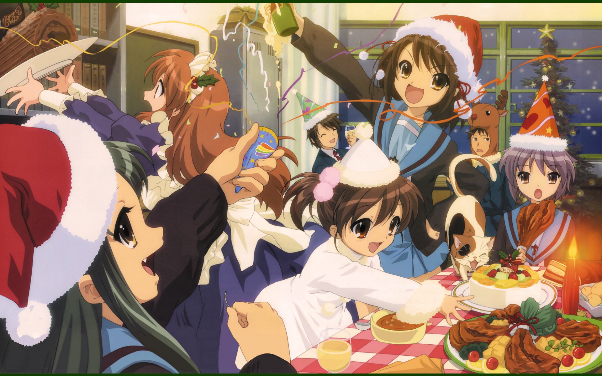 asahina mikuru, koizumi itsuki, kyon, kyon no imouto, nagato yuki, suzumiya haruhi, tsuruya, suzumiya haruhi no yuuutsu, highres, 00s, cat, christmas, hat, party hat, yule log (cake)