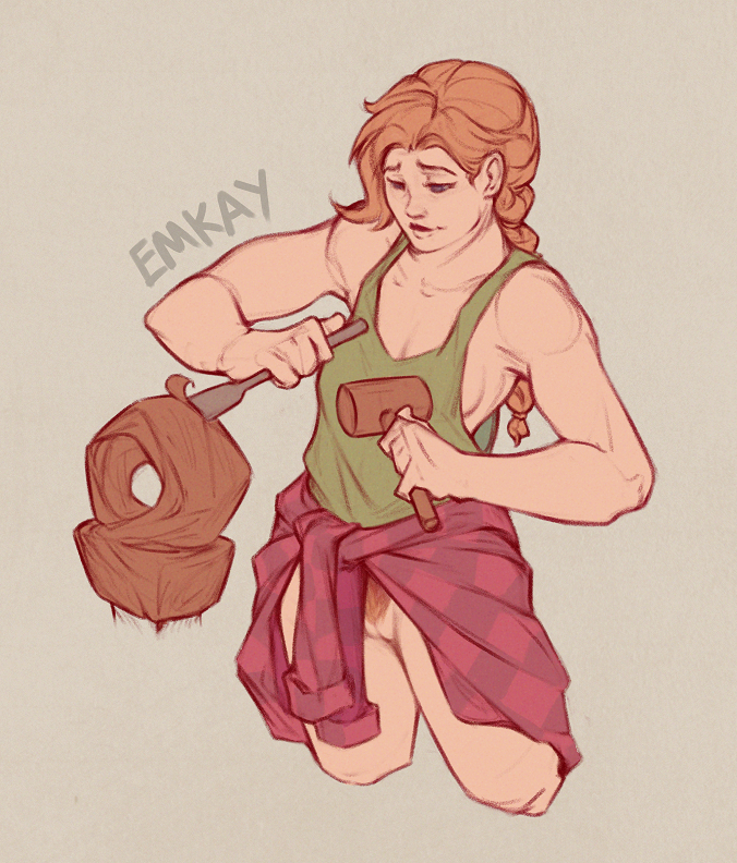 emkay does art, leah (stardew valley), stardew valley, 1girl, blue eyes, braid, carving, clothes around waist, green tank top, hammer, holding, holding chisel, holding hammer, no panties, orange hair, orange pubic hair, plaid clothes, plaid shirt, pussy, shirt, shirt around waist, single braid, tank top, watermark, wood art