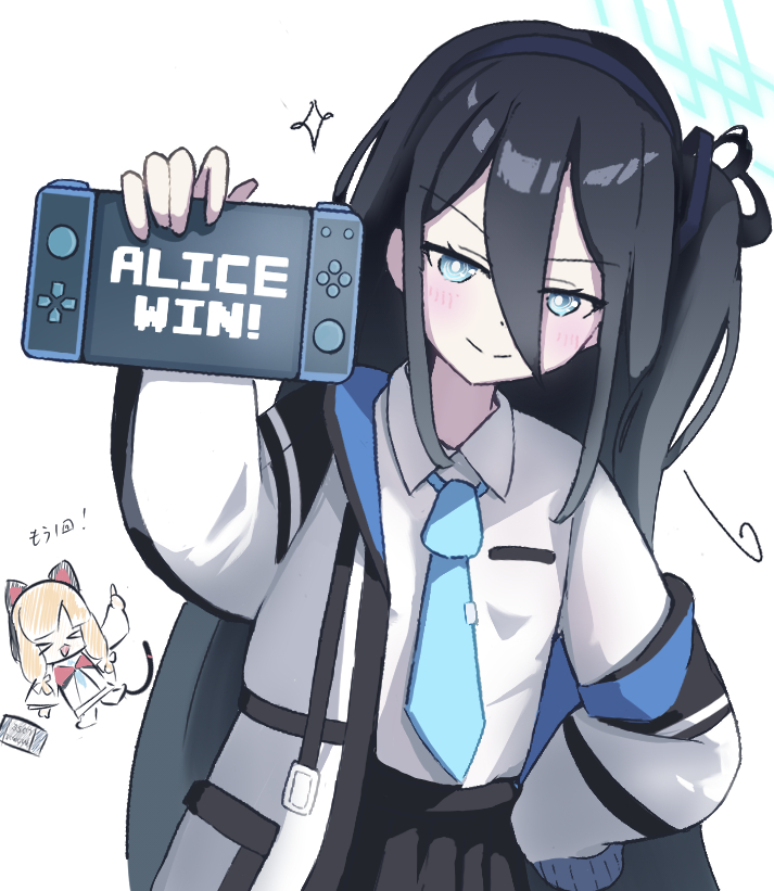 aris (blue archive), momoi (blue archive), blue archive, commentary request, translation request, > <, 2girls, black hair, black skirt, blue eyes, blue necktie, english text, eyelashes, hair between eyes, handheld game console, holding, long hair, long sleeves, middle finger, multiple girls, necktie, shirt, skirt, smile, sparkle, uch1malll, white background, white shirt