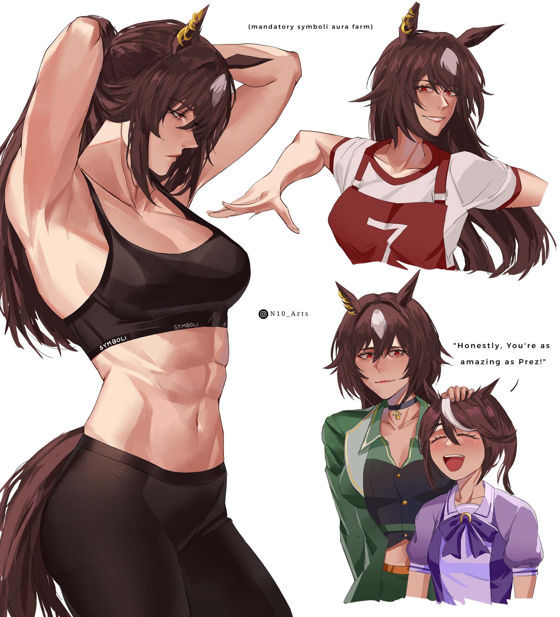 n10 arts, sirius symboli (feroce) (umamusume), sirius symboli (umamusume), tokai teio (umamusume), umamusume, highres, 2girls, abs, animal ears, armpits, arms behind head, asymmetrical jacket, bare shoulders, black leggings, black sports bra, blush, bow, bowtie, breasts, brown hair, cleavage, closed eyes, closed mouth, collarbone, collared shirt, ear ornament, english text, green jacket, green pants, green shirt, grin, gym shirt, hair between eyes, headpat, horse ears, horse girl, horse tail, jacket, large breasts, leggings, long hair, long sleeves, midriff peek, multicolored hair, multiple girls, navel, open mouth, pants, pendant choker, ponytail, puffy short sleeves, puffy sleeves, purple bow, purple bowtie, purple shirt, race bib, red eyes, sailor collar, sailor shirt, school uniform, shirt, short sleeves, simple background, smile, sports bra, stomach, streaked hair, tail, teeth, tracen school uniform, tracen training uniform, two-tone hair, tying hair, very long hair, white hair, white sailor collar, white shirt