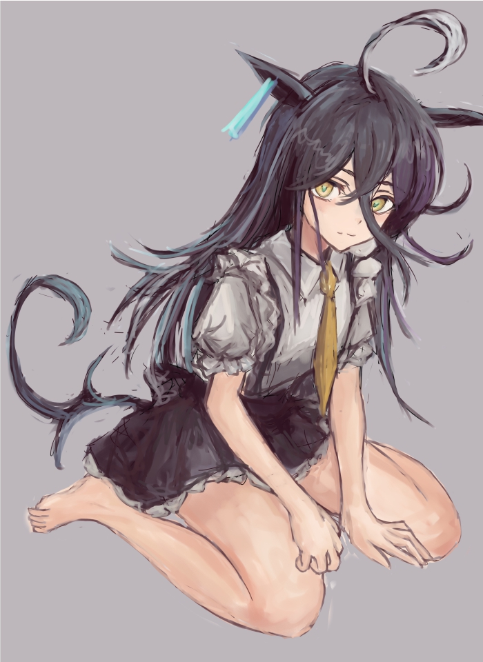 yanagi wakana, manhattan cafe (umamusume), umamusume, 1girl, ahoge, animal ears, barefoot, black hair, black skirt, closed mouth, collared shirt, ear tag, earrings, hair between eyes, horse ears, horse girl, horse tail, jewelry, long bangs, long hair, long hair between eyes, looking at viewer, multicolored hair, necktie, pleated skirt, shirt, short sleeves, simple background, single earring, sitting, skirt, solo, tail, wariza, white hair, white shirt, yellow eyes, yellow necktie