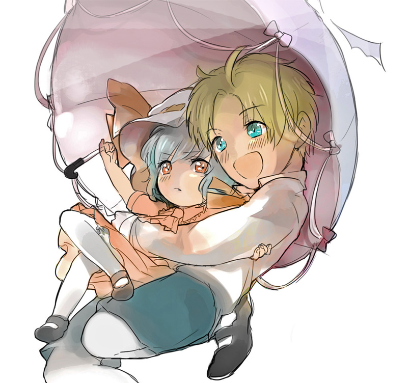 pino31, america (hetalia), remilia scarlet, axis powers hetalia, touhou, bad id, bad pixiv id, 00s, blue hair, crossover, hat, pantyhose, red eyes, short hair, umbrella