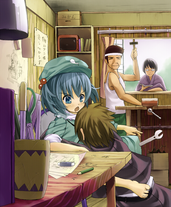 hidebo, kawashiro nitori, touhou, bad id, bad pixiv id, 1girl, 3boys, barefoot, blue eyes, blue hair, hair bobbles, hair ornament, hat, hug, multiple boys, short hair, sleeves rolled up, twintails, two side up