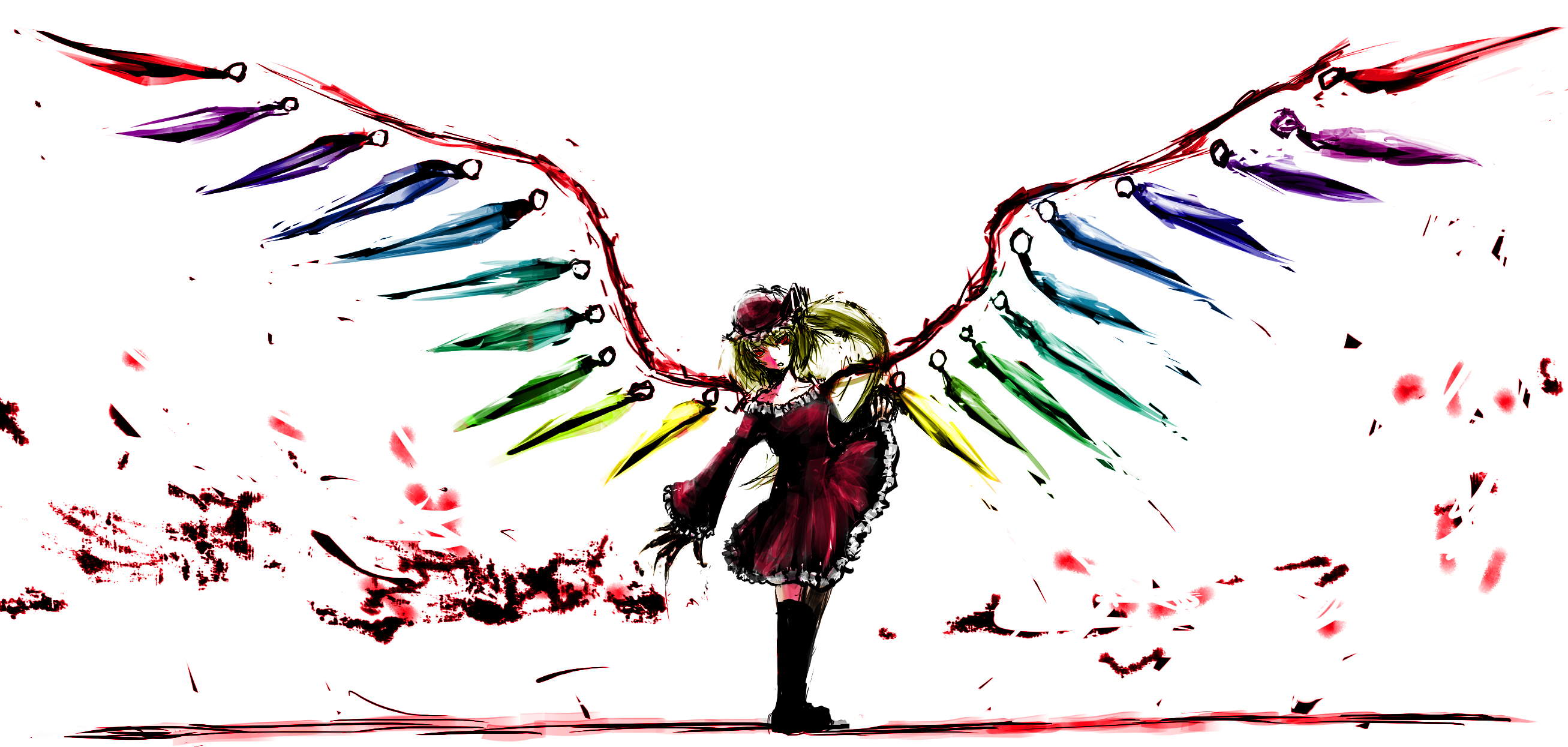 violence kumahina, flandre scarlet, touhou, bad id, bad pixiv id, highres, 1girl, blood, claws, female focus, hat, mob cap, oversized wings, red hat, solo, standing, white background, wings