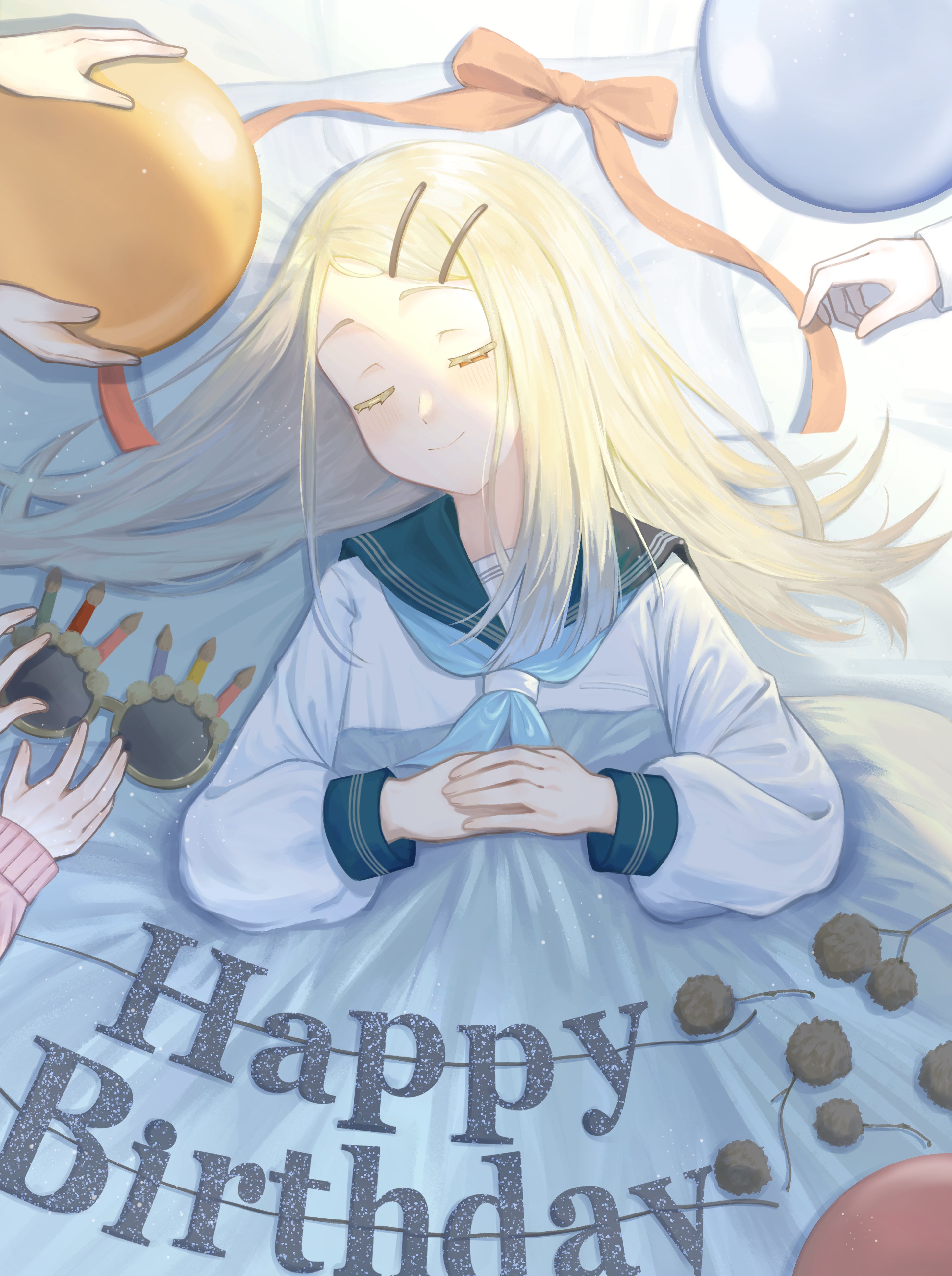 neu (neu neu1117), shinosawa hiro, gakuen idolmaster, idolmaster, absurdres, commentary request, highres, 1girl, 3others, balloon, birthday glasses, birthday party, black sailor collar, blanket, blonde hair, blue neckerchief, blush, bow, closed eyes, closed mouth, colored eyelashes, gradient hair, grey hair, hair ornament, hair spread out, hairclip, half-closed eye, hands on own chest, happy birthday, hatsuboshi gakuen school uniform, long hair, long sleeves, lying, multicolored hair, multiple others, neckerchief, on back, own hands together, parallel hairclips, parted bangs, red bow, sailor collar, sailor shirt, school uniform, shade, shirt, sleeping, smile, solo focus, under covers, upper body, white shirt