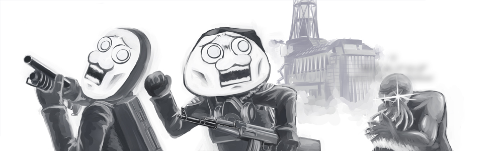 kusaba, kusaba (kusabashiki), bloodsucker, cthulhu, yaranaio, yaruo, 2channel, stalker (game), 2boys, ak-47, assault rifle, chernobyl npp, greyscale, gun, kalashnikov, kalashnikov rifle, male focus, monochrome, multiple boys, rifle, shotgun, weapon