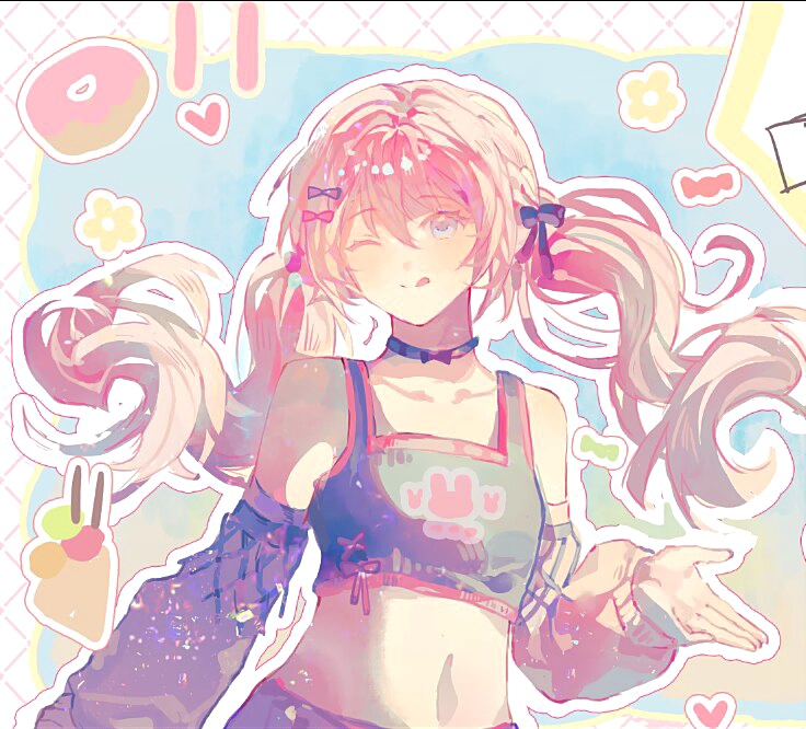 enderrabbit, original, chinese commentary, commentary request, 1girl, ;q, animal print, bare shoulders, black bow, black sleeves, black sports bra, blue eyes, bow, bow choker, choker, collarbone, colored eyelashes, detached sleeves, donut, flower, food, hair between eyes, hair bow, hand up, heart, ice cream, navel, one eye closed, outline, pink bow, pink hair, purple bow, rabbit print, smile, solo, sports bra, tongue, tongue out, twintails, upper body, white outline