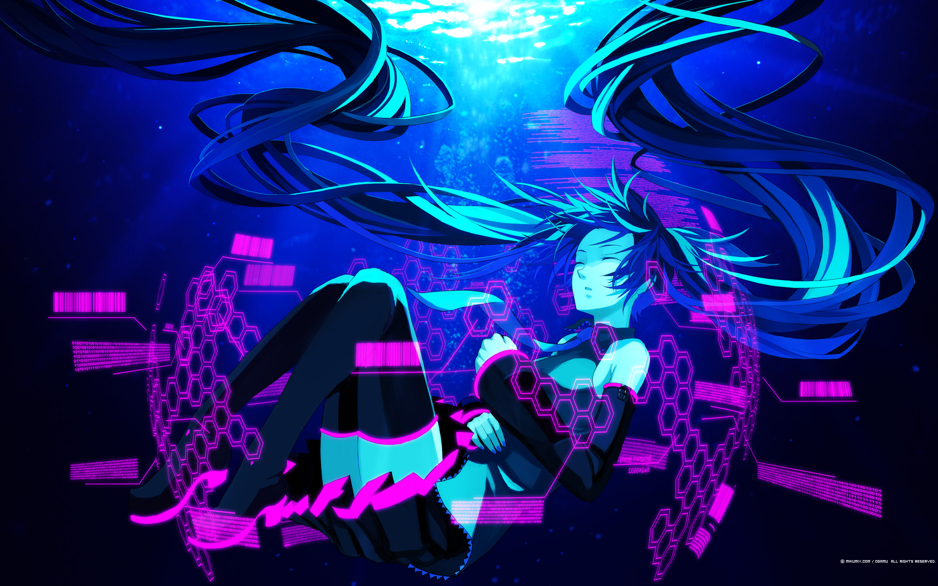 osamu (jagabata), hatsune miku, mikumix, vocaloid, highres, 1girl, closed eyes, detached sleeves, female focus, legs, long hair, necktie, solo, thighhighs, twintails, underwater, very long hair