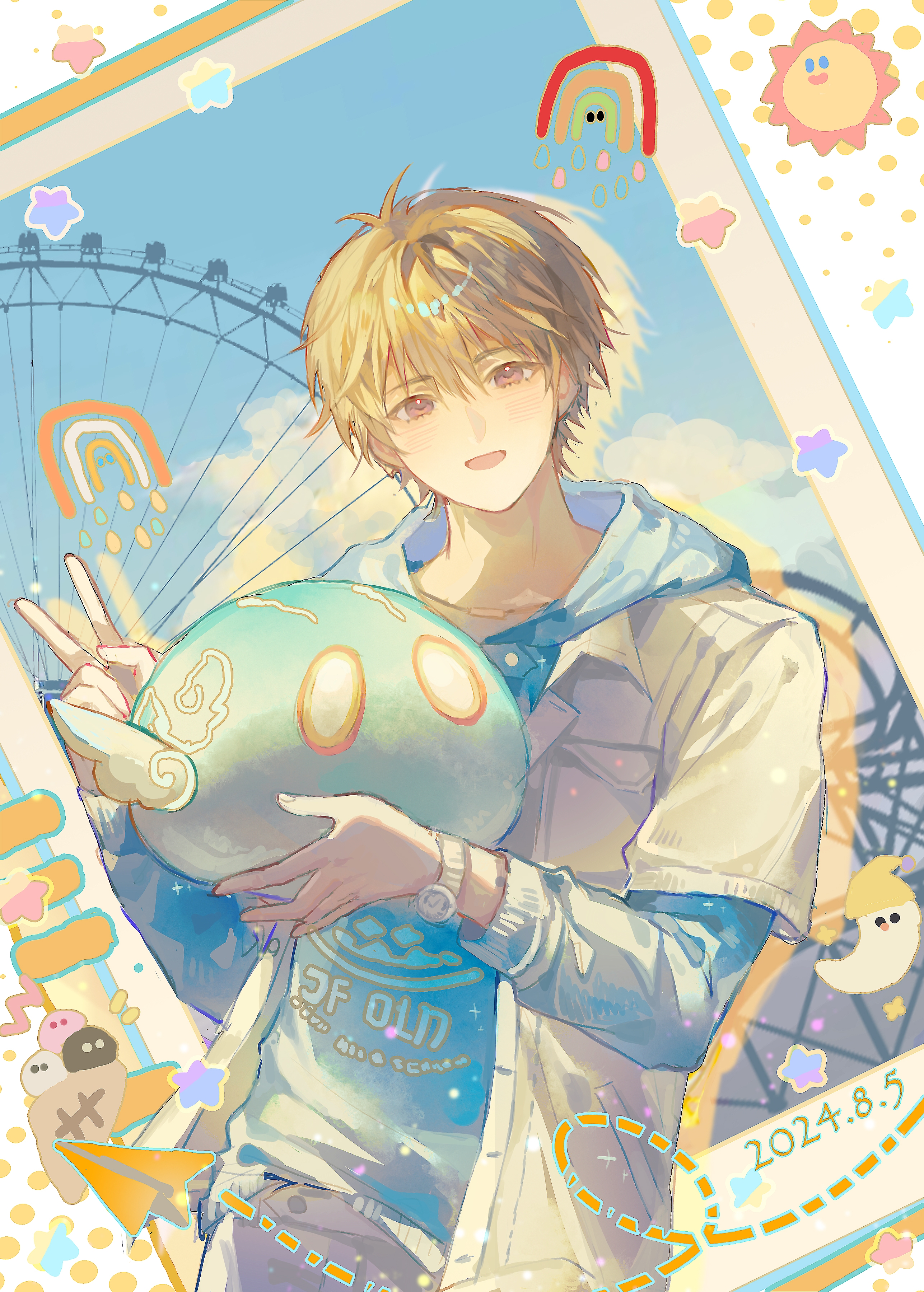 enderrabbit, luke pearce (tears of themis), tears of themis, absurdres, chinese commentary, commentary request, highres, 1boy, blonde hair, blue hoodie, blue sky, blush, breast pocket, cloud, collared shirt, cowboy shot, day, ferris wheel, food, hair between eyes, holding, hood, hood down, hoodie, ice cream, ice cream cone, layered sleeves, long sleeves, looking at viewer, male focus, open clothes, open mouth, open shirt, pants, pocket, purple pants, rainbow, red eyes, shirt, short hair, short over long sleeves, short sleeves, sky, smile, solo, star (symbol), sun, v, watch, water drop, white shirt, wristwatch