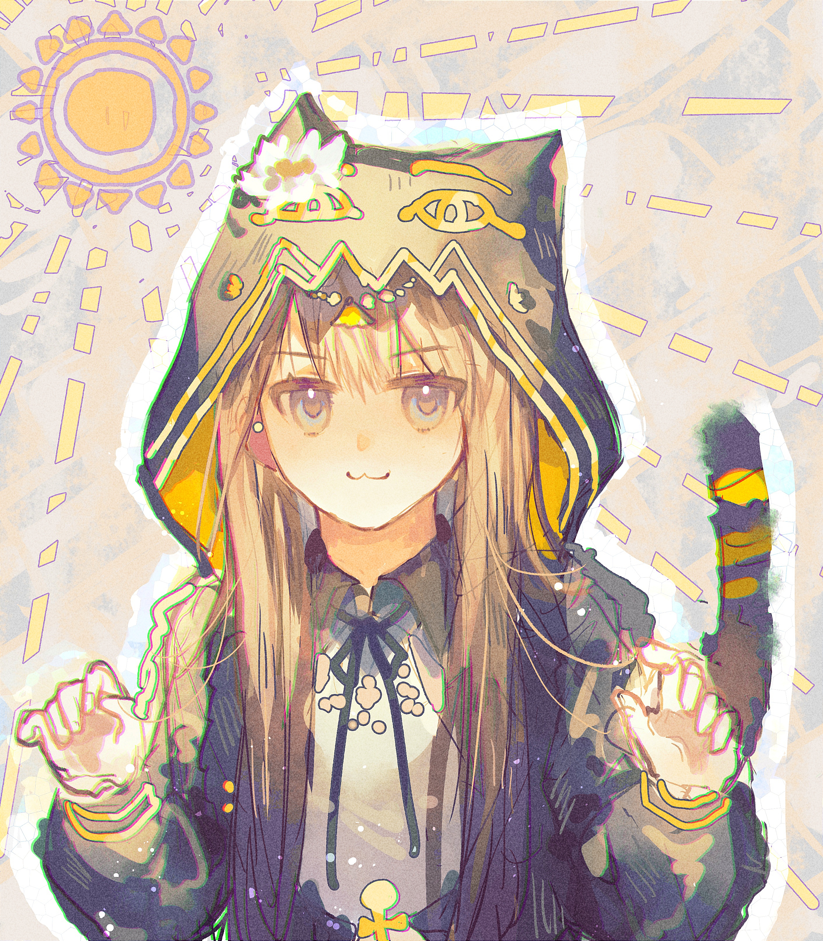 enderrabbit, pepe (arknights), arknights, absurdres, chinese commentary, commentary request, highres, 1girl, :3, animal ear hood, animal ears, animal hood, black jacket, black ribbon, blonde hair, blue eyes, cat ears, cat hood, cat tail, claw pose, closed mouth, collared shirt, fake animal ears, flower, grey background, hands up, hood, hood up, jacket, jitome, long hair, long sleeves, neck ribbon, open clothes, open jacket, ribbon, shirt, smile, solo, sun, tail, upper body, white flower, white shirt
