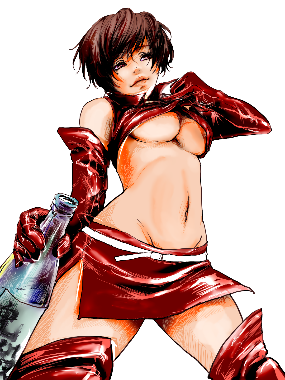 shichikusa, meiko (vocaloid), vocaloid, highres, 1girl, bottle, breasts, brown eyes, brown hair, elbow gloves, female focus, gloves, large breasts, midriff, navel, short hair, simple background, skirt, smile, solo, thighhighs, underboob, white background