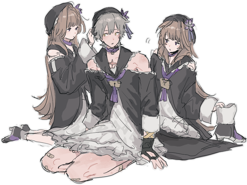 caelus (honkai: star rail), herta (honkai: star rail), herta (puppet) (honkai: star rail), trailblazer (honkai: star rail), honkai: star rail, honkai (series), 1boy, 2girls, bare legs, bare shoulders, black dress, black hat, brown hair, dress, flower, grey hair, hat, long hair, looking at another, multiple girls, r8l6w6, short hair