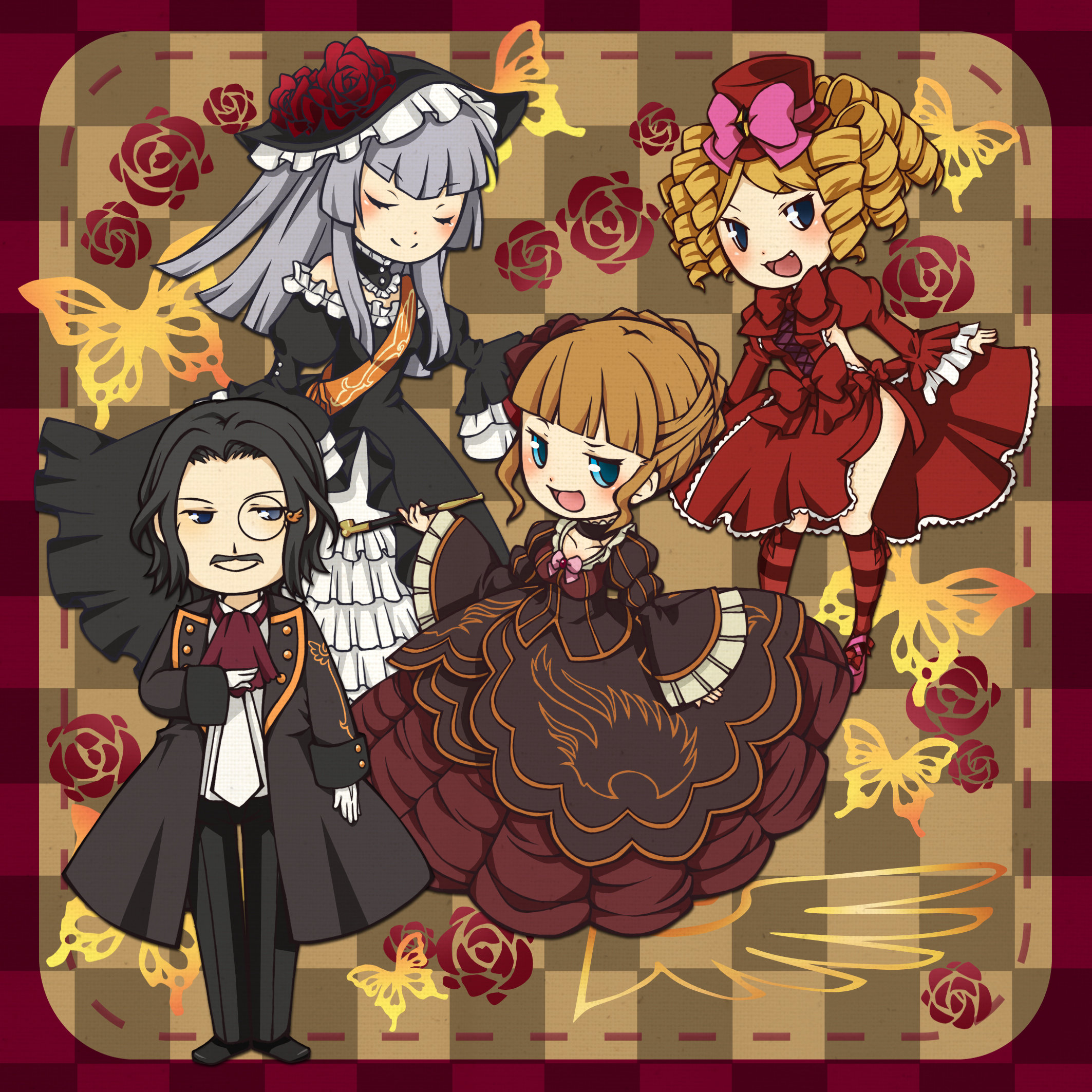 muimui uduki, muimui uzuki, beatrice (umineko), gaap (umineko), ronove (umineko), virgilia (umineko), umineko no naku koro ni, silver hair, striped legwear, highres, 00s, 1boy, 3girls, black hair, blonde hair, blue eyes, bow, breasts, bug, butterfly, chibi, choker, closed eyes, dress, drill hair, facial hair, flower, frills, hat, insect, kiseru, long hair, mini hat, mini top hat, monocle, multiple girls, mustache, pink bow, ringlets, rose, short hair, sideboob, small breasts, smile, smoking pipe, socks, striped clothes, striped thighhighs, thighhighs, top hat