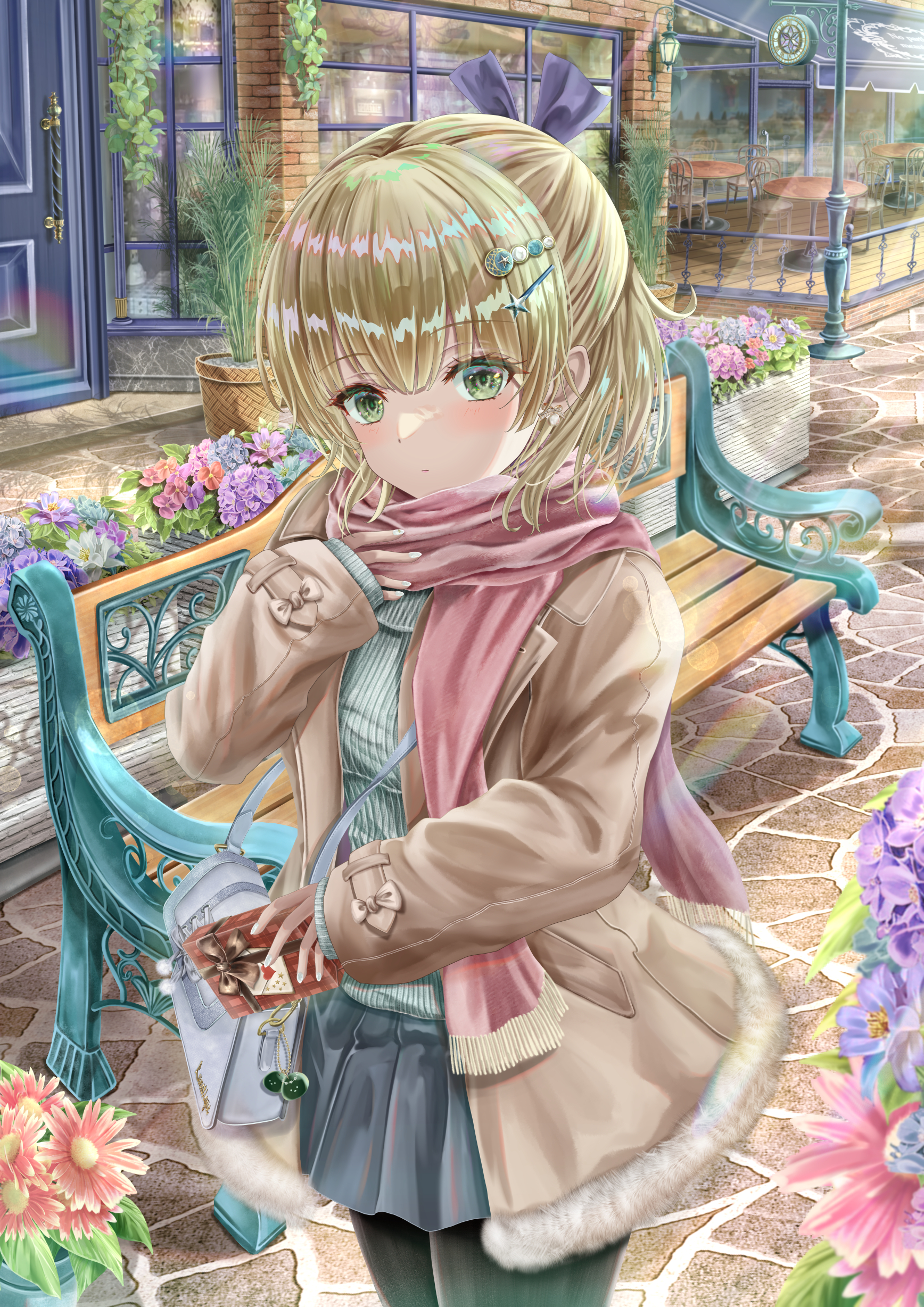 kuroe maruru, nanase nanami (heaven burns red), heaven burns red, absurdres, highres, 1girl, bag, bench, black pantyhose, blonde hair, blue skirt, blush, bow, brown coat, closed mouth, coat, contemporary, day, door, earrings, flower, fur trim, green eyes, grey skirt, hair ornament, hairclip, handbag, holding, jacket, jewelry, long sleeves, looking at viewer, open clothes, open coat, outdoors, pantyhose, pavement, pink bag, pink flower, pink scarf, plant, pleated skirt, potted plant, purple flower, railing, ribbed sweater, ribbon, scarf, short hair, skirt, sleeves past wrists, solo, standing, storefront, sweater, white sweater, window