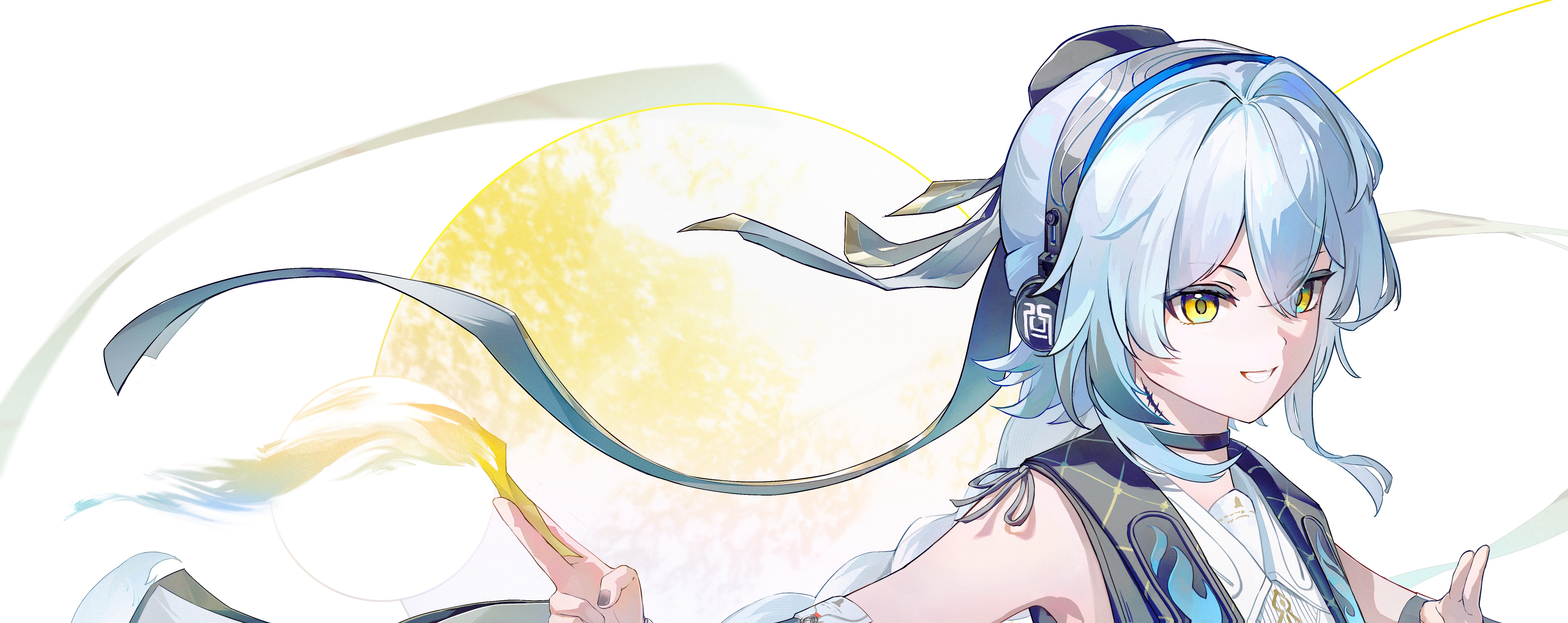 huqu (huqu45712), buling (wuthering waves), wuthering waves, absurdres, chinese commentary, commentary request, highres, 1girl, black choker, black nails, blue hair, choker, hair between eyes, headphones, holding, holding ofuda, kuji-in, long hair, looking ahead, nail polish, ofuda, portrait, smile, solo, tacet mark (wuthering waves), yellow eyes