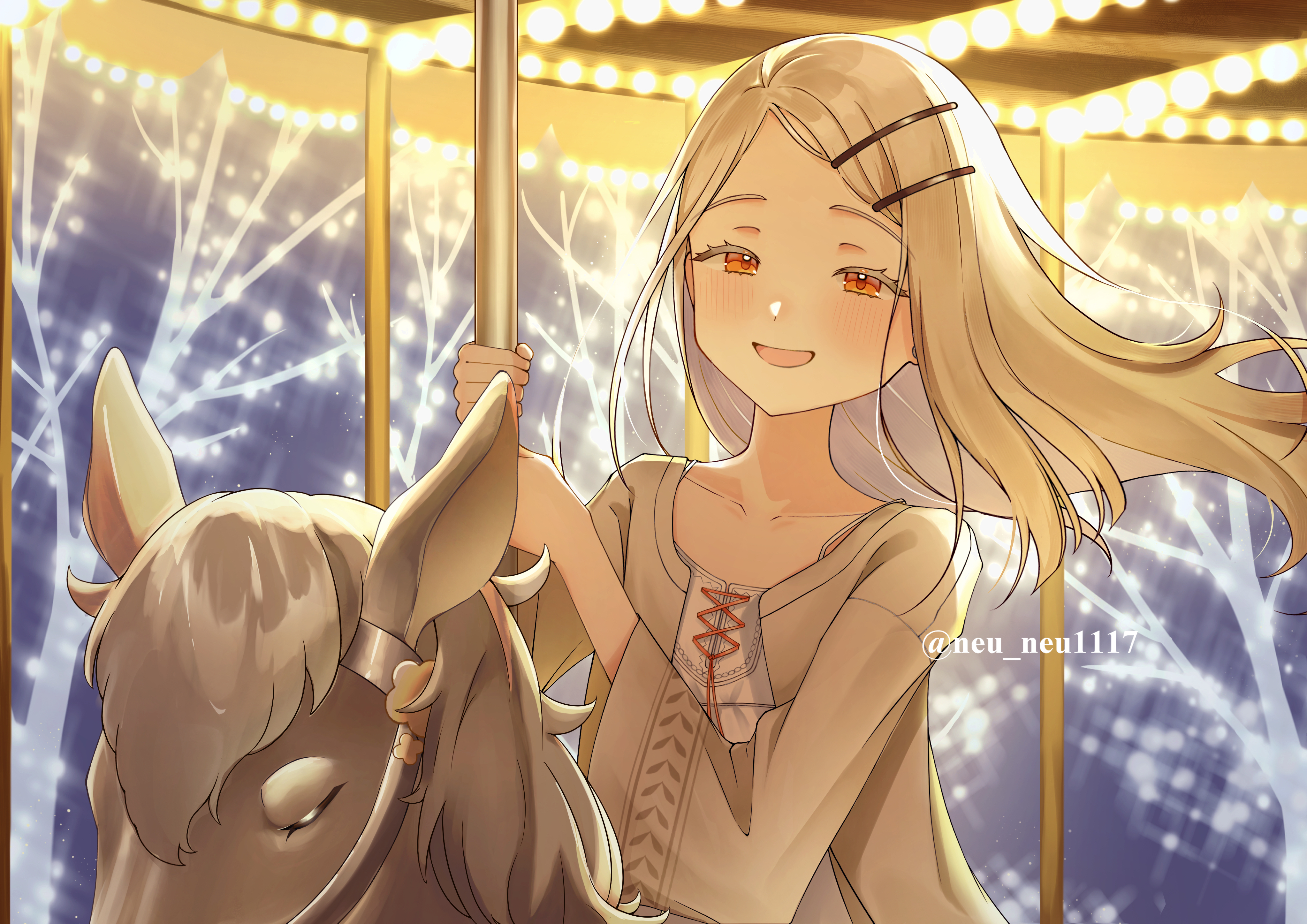 neu (neu neu1117), shinosawa hiro, gakuen idolmaster, idolmaster, absurdres, commentary request, highres, 1girl, :d, backlighting, blush, camisole, carousel, collarbone, colored eyelashes, floating hair, grey hair, grey robe, hair ornament, hairclip, hands up, holding, horse, horseback riding, long hair, looking at viewer, open clothes, open mouth, open robe, orange eyes, outdoors, parallel hairclips, parted bangs, red ribbon, ribbon, riding, robe, smile, solo, twitter username, upper body, watermark, white camisole