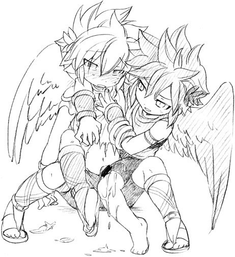 pit (kid icarus), kid icarus, nintendo, artist request, 2boys, blush, cum, feathers, hug, male focus, monochrome, multiple boys, selfcest, shota, spread legs, tears, torn clothes, wings, yaoi