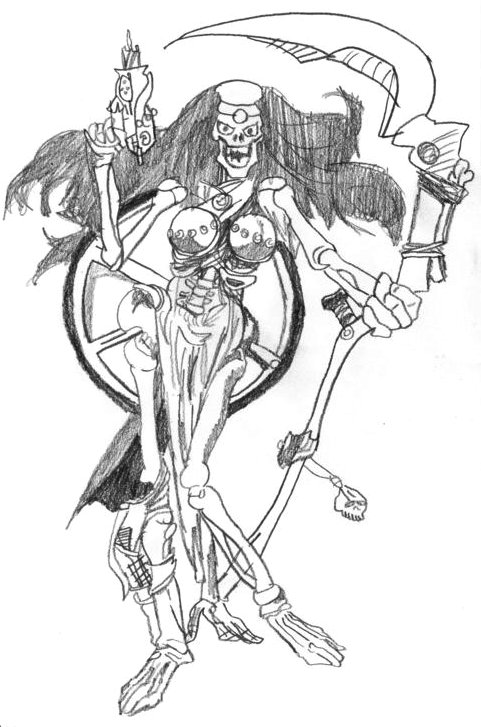 shriek (skeleton warriors), skeleton warriors, armor, black hair, gun, long hair, monochrome, open mouth, scythe, smile, solo, teeth, weapon