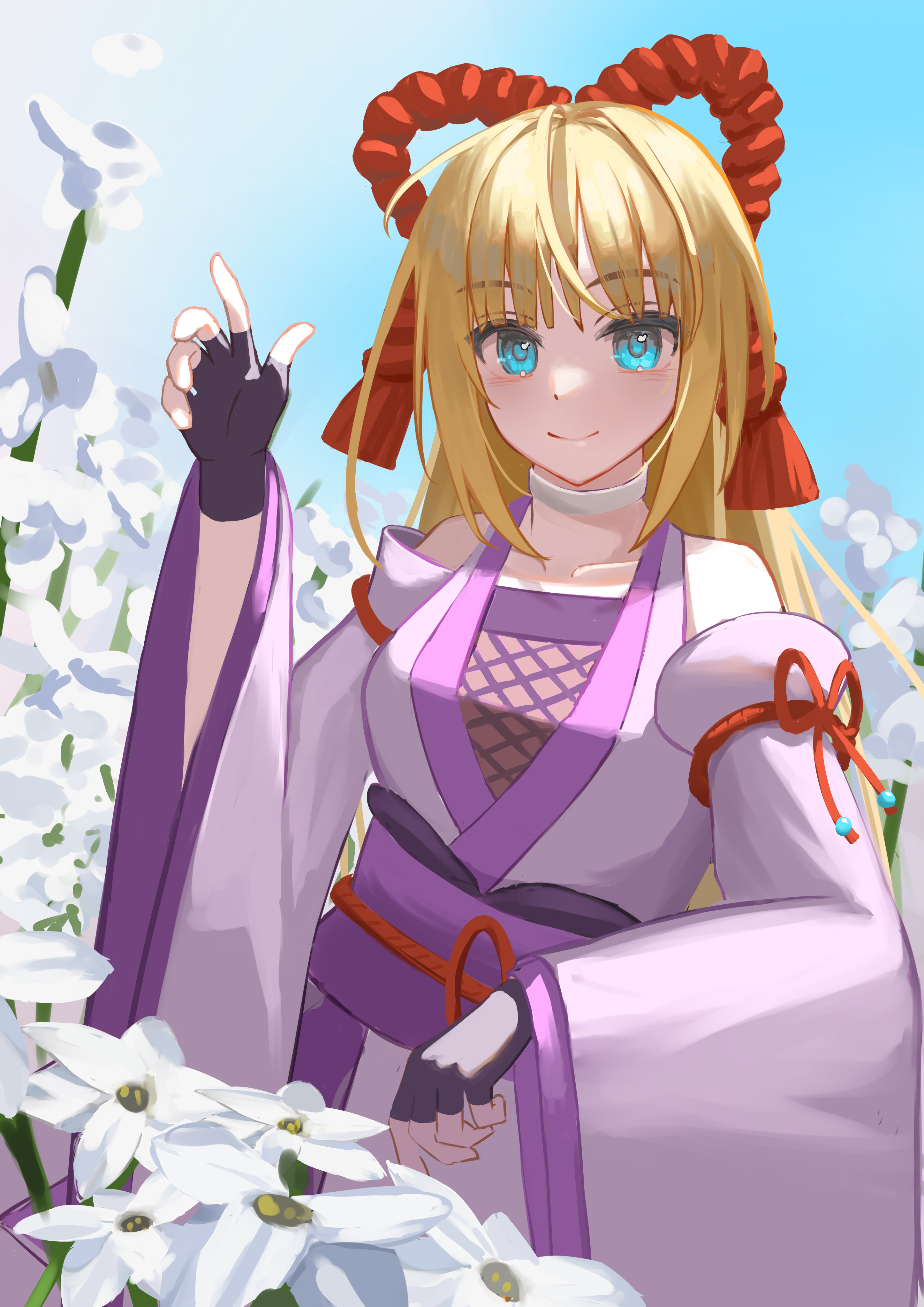 windxypo, kanzaki adelheid, heaven burns red, absurdres, highres, 1girl, bare shoulders, black gloves, blonde hair, blue eyes, blue sky, breasts, choker, closed mouth, day, detached sleeves, field, fingerless gloves, fishnet top, fishnets, flower, flower field, gloves, hand up, japanese clothes, kimono, long hair, long sleeves, looking at viewer, obi, outdoors, purple kimono, rope, sash, sky, smile, solo, white choker, white flower, wide sleeves