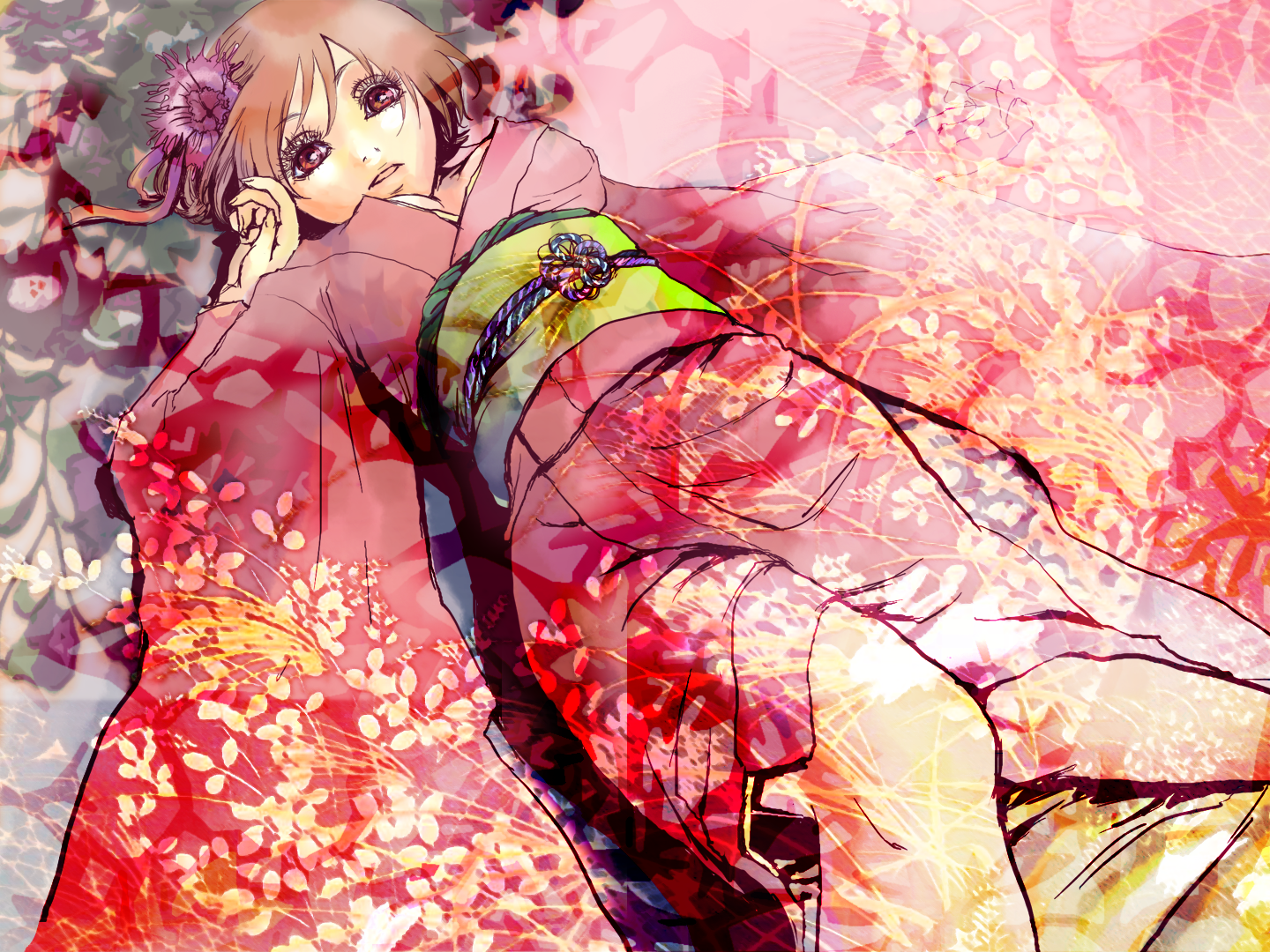 shichikusa, meiko (vocaloid), norainu sissou biyori (vocaloid), vocaloid, 1girl, brown eyes, brown hair, female focus, flower, hair flower, hair ornament, japanese clothes, kimono, lying, on back, red kimono, short hair, solo, yukata