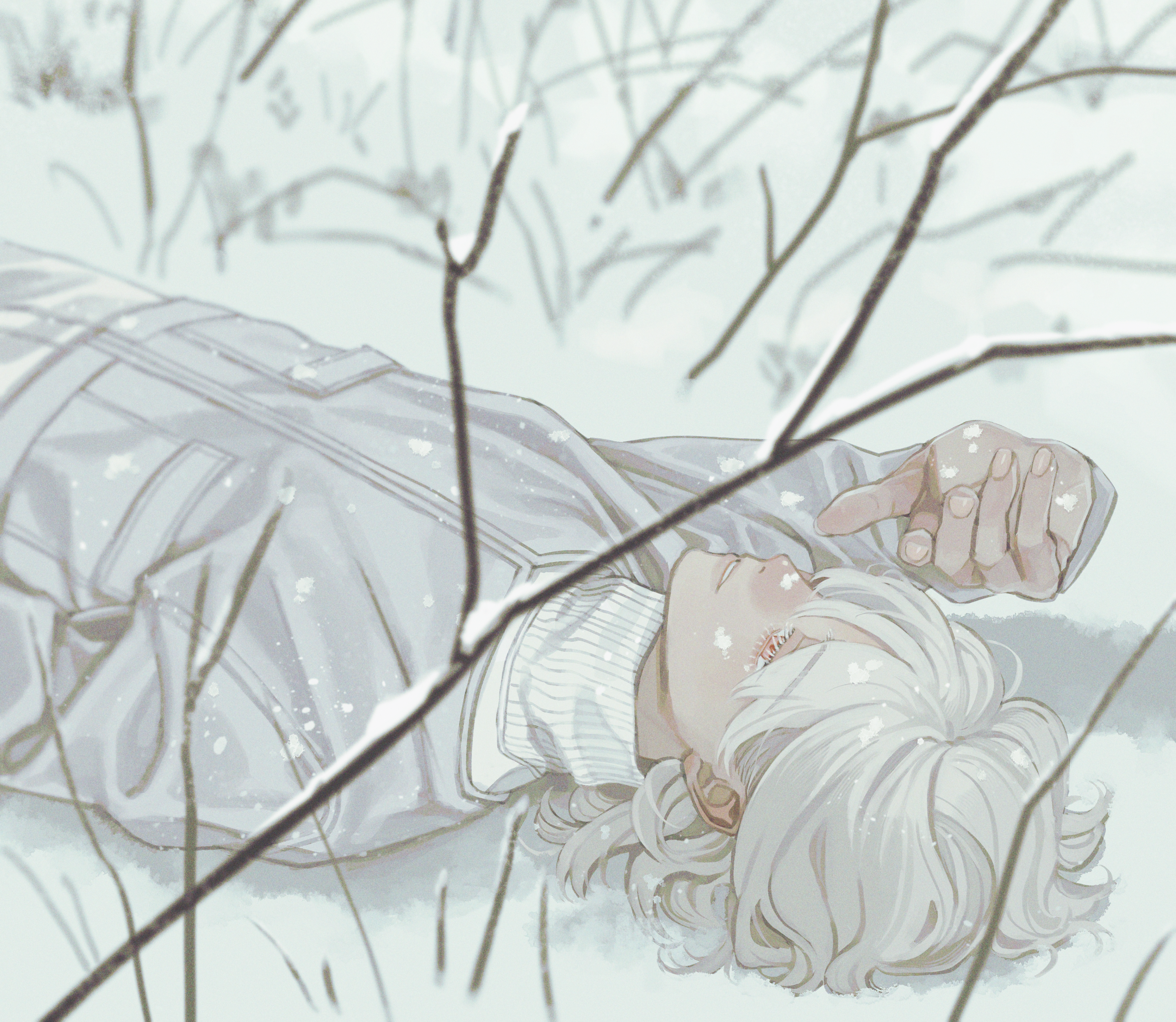 someno iki, original, absurdres, commentary request, highres, 1boy, blurry, colored eyelashes, depth of field, grey jacket, hair between eyes, hand up, jacket, light smile, long sleeves, looking up, lying, male focus, on back, outdoors, parted lips, red eyes, ribbed sweater, short hair, snow, snow on body, snow on head, solo, sweater, turtleneck, turtleneck sweater, white hair, white sweater, winter