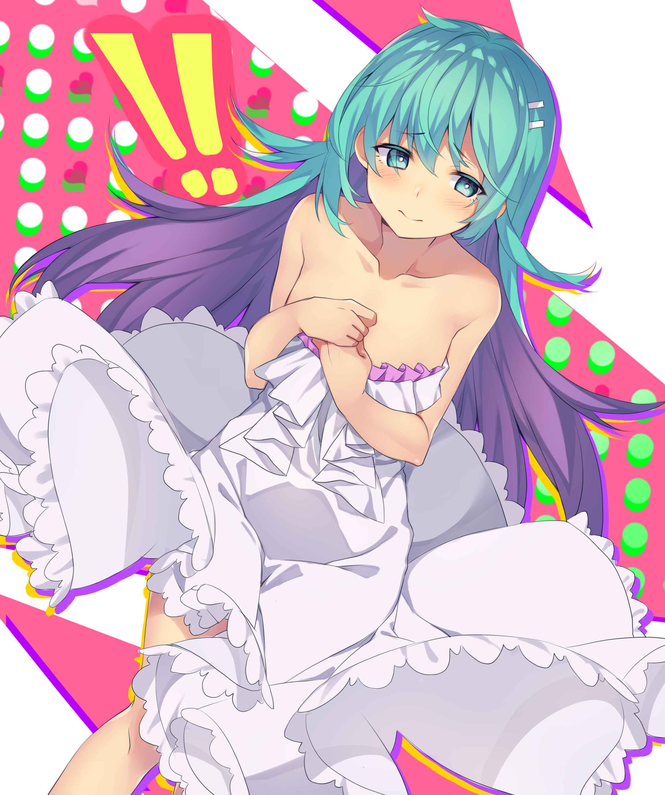 yononaka, joker (dohna dohna), dohna dohna issho ni warui koto o shiyou, absurdres, commentary, highres, mixed-language commentary, !, !!, 1boy, androgynous, blue eyes, blue hair, blush, closed mouth, collarbone, colored inner hair, crossdressing, dress, embarrassed, hair ornament, hairclip, long hair, male focus, multicolored hair, solo, trap, very long hair, white dress