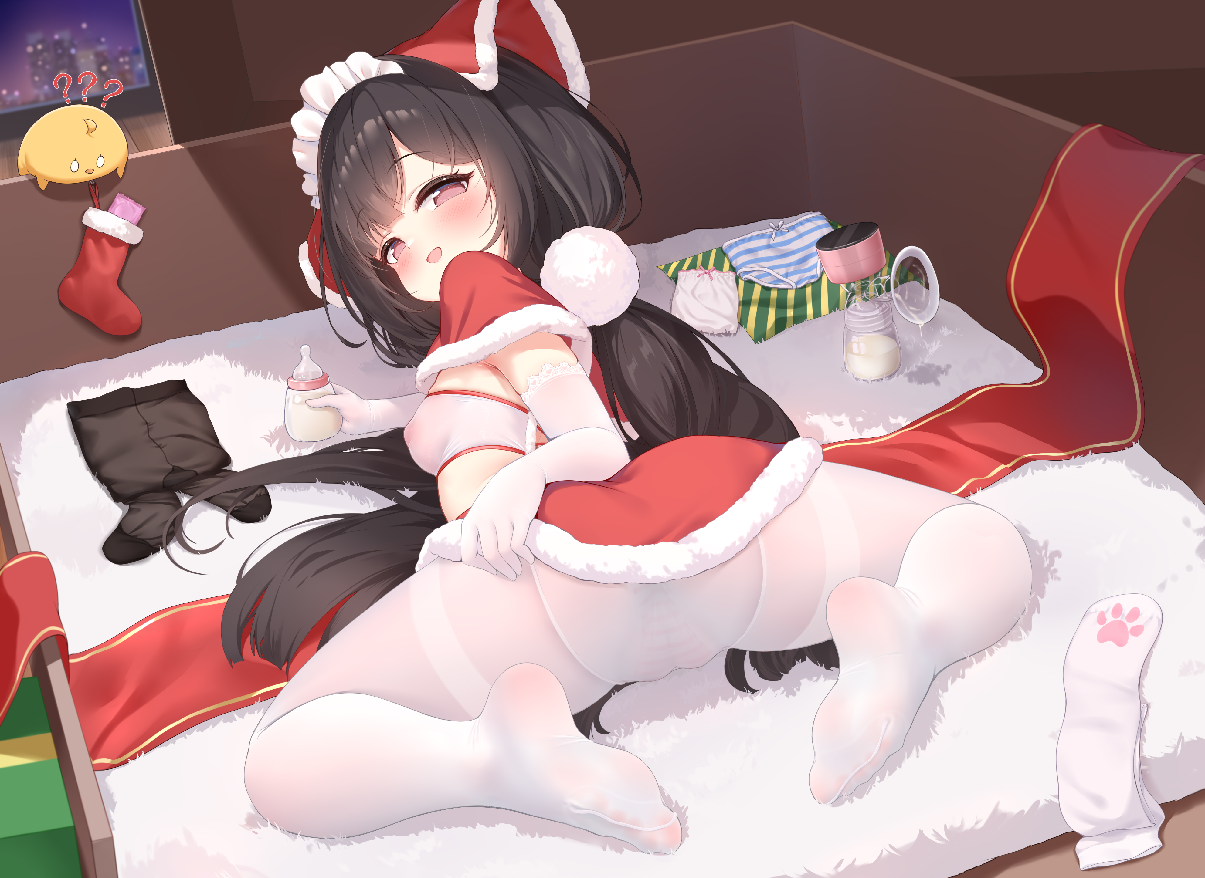 qian hen, chang feng (azur lane), manjuu (azur lane), azur lane, absurdres, chinese commentary, commentary request, highres, paid reward available, variant set, 1girl, alternate costume, black hair, breasts, gloves, long hair, looking at viewer, no shoes, panties, pantyhose, small breasts, underwear, white pantyhose
