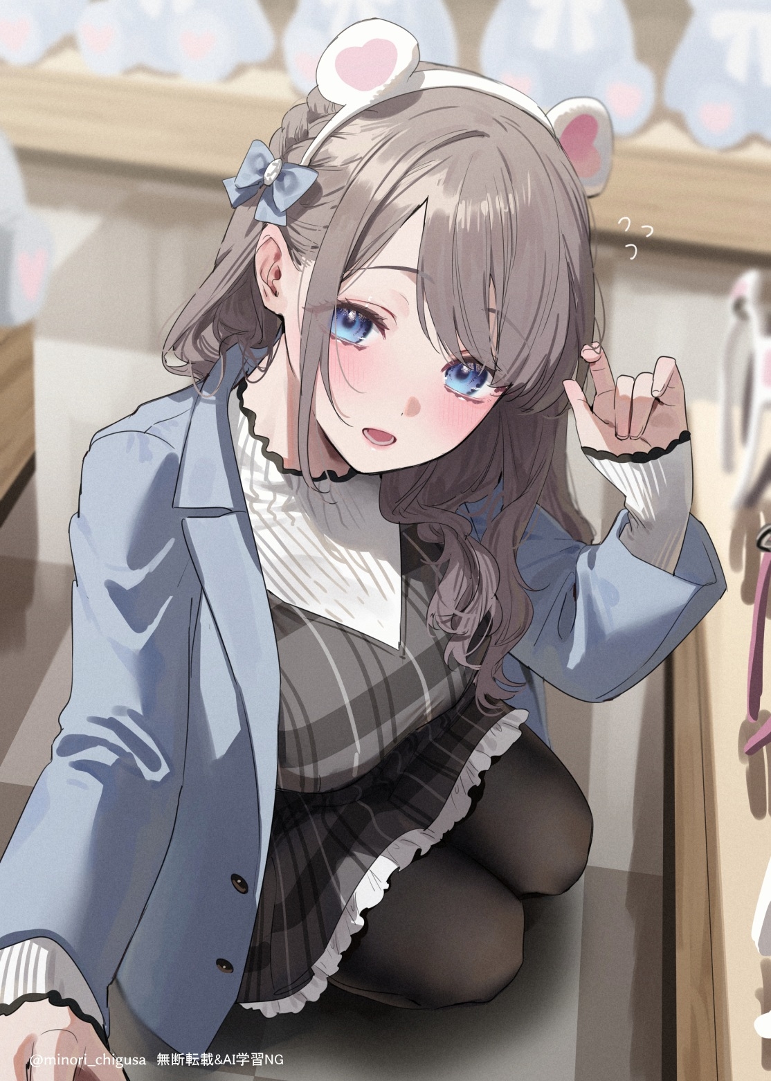 chigusa minori, saotome shino (shino to ren), shino to ren, commentary request, highres, 1girl, animal ear hairband, animal ears, bear ears, black dress, black pantyhose, blue bow, blue eyes, blue jacket, bow, braid, breasts, dress, fake animal ears, grey hair, hair bow, hairband, jacket, large breasts, long hair, looking at viewer, open mouth, pantyhose, solo, squatting