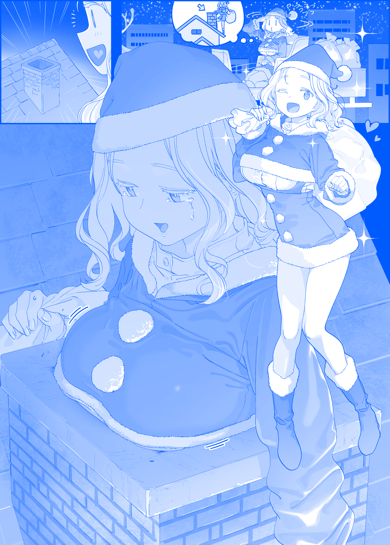 himura kiseki, getsuyoubi no tawawa, santa, commentary request, highres, 1girl, antlers, bag, blue theme, boots, breasts, building, chimney, cityscape, dress, emphasis lines, fur trim, gift, hat, heart, heart in mouth, horns, large breasts, medium hair, one eye closed, open mouth, reindeer, reindeer antlers, santa costume, santa dress, santa hat, sled, solo, stuck, tears, underboob