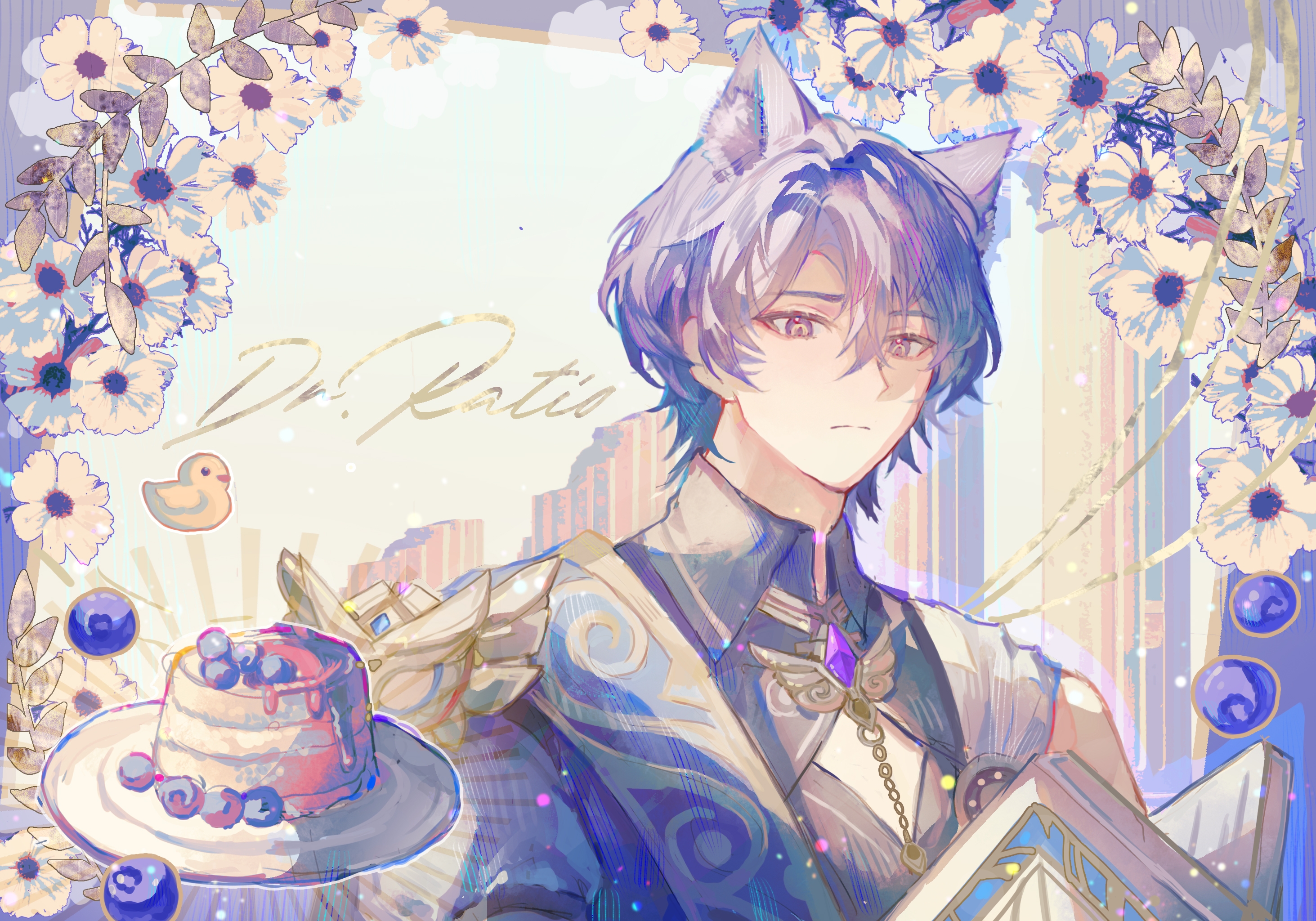 enderrabbit, dr. ratio (honkai: star rail), honkai: star rail, honkai (series), chinese commentary, commentary request, highres, 1boy, animal ear fluff, animal ears, black shirt, blue hair, blueberry, brooch, cat ears, character name, cleavage cutout, closed mouth, clothing cutout, collared shirt, diamond brooch, diamond cutout, dr. ratio's book (honkai: star rail), flower, food, frown, fruit, hair between eyes, jewelry, kemonomimi mode, male focus, pancake, pancake stack, plate, portrait, shirt, short hair, solo, wing collar, yellow eyes