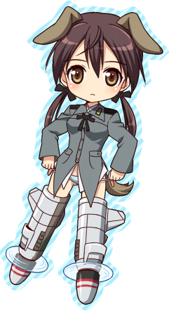 mochiya marosuke, gertrud barkhorn, strike witches, world witches series, lowres, 00s, 1girl, animal ears, brown eyes, brown hair, dog ears, female focus, full body, no nose, panties, panty pull, solo, tail, twintails, underwear, white background