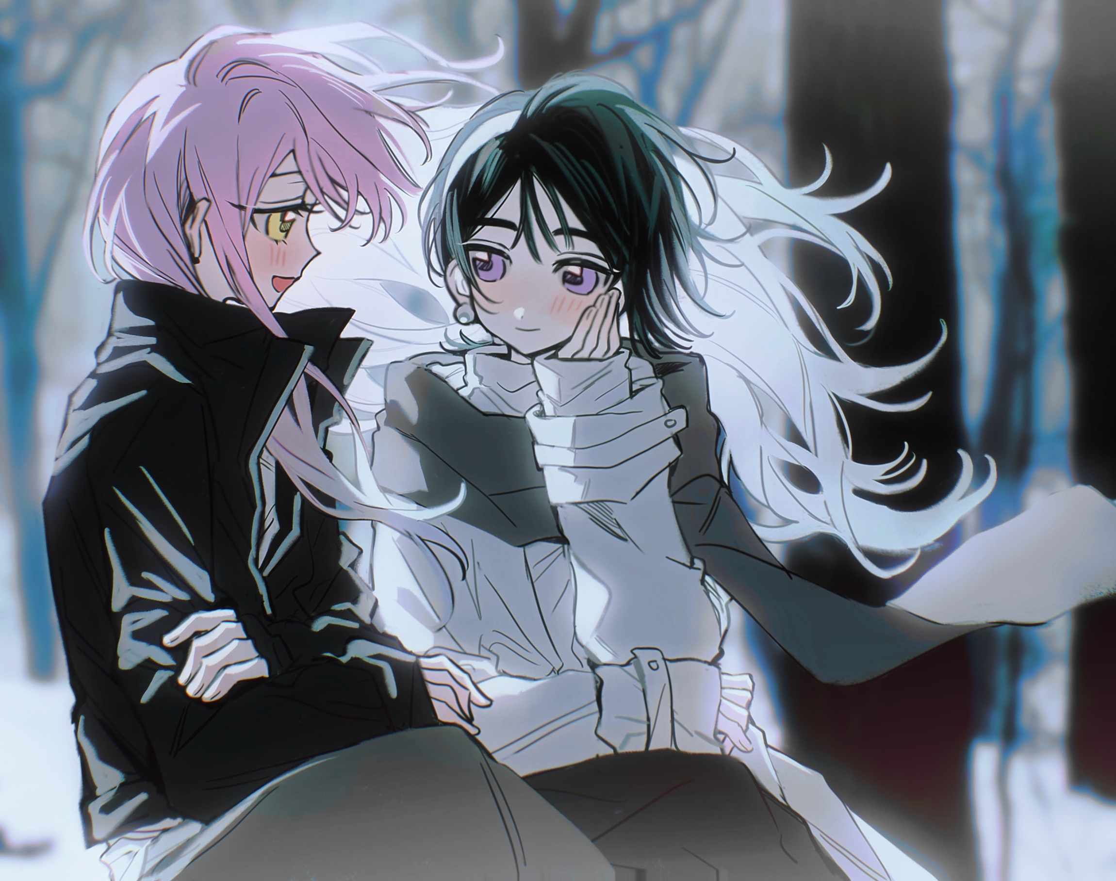 sea foam, mizi (alien stage), sua (alien stage), alien stage, chinese commentary, commentary, highres, 2girls, alternate costume, birthday, black hair, black jacket, closed mouth, coat, earrings, forest, grey scarf, hairband, hand on own face, jacket, jewelry, long hair, long sleeves, multiple girls, nature, open mouth, pearl earrings, pink hair, purple eyes, scarf, smile, sphere earrings, white coat, white hairband