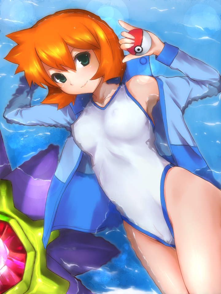 kuku px, misty (pokemon), starmie, nintendo, pokemon, pokemon hgss, 00s, 1girl, alternate hairstyle, bob cut, breasts, competition swimsuit, covered erect nipples, gen 1 pokemon, green eyes, gym leader, highleg, highleg one-piece swimsuit, holding, holding poke ball, jacket, one-piece swimsuit, orange hair, partially submerged, poke ball, poke ball (basic), pokemon (creature), short hair, small breasts, smile, swimsuit, water