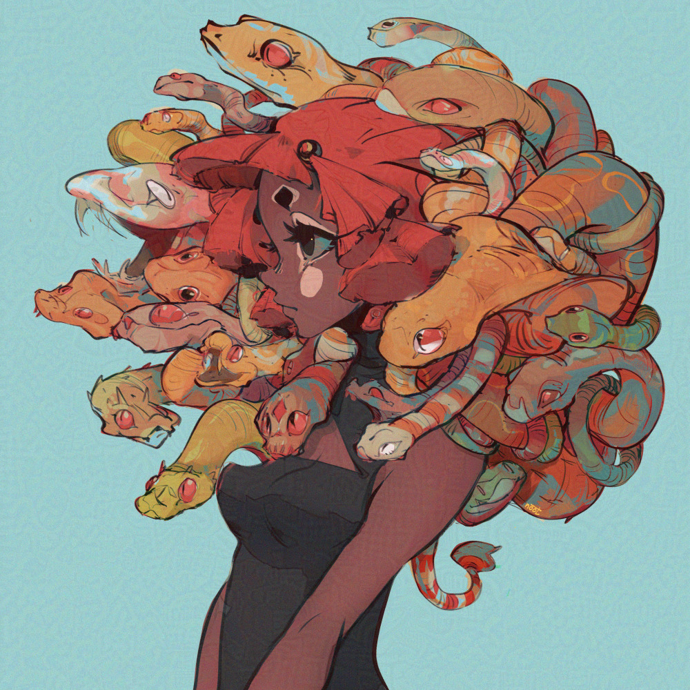 nootsunday, original, commentary, symbol-only commentary, 1girl, black eyes, black shirt, blue background, blunt bangs, cleavage cutout, clothing cutout, dark skin, from side, orange hair, pointy breasts, shirt, short eyebrows, snake hair, thick eyebrows