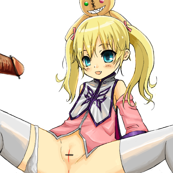 akinonasi, anise tatlin, patty fleur, tales of (series), tales of the abyss, tales of vesperia, 1boy, 1girl, alternate costume, alternate hairstyle, anise tatlin (cosplay), blonde hair, blue eyes, blush, censored, cosplay, doll, fang, hetero, in-franchise crossover, loli, panties, panties around leg, penis, pussy, smile, solo focus, thighhighs, underwear