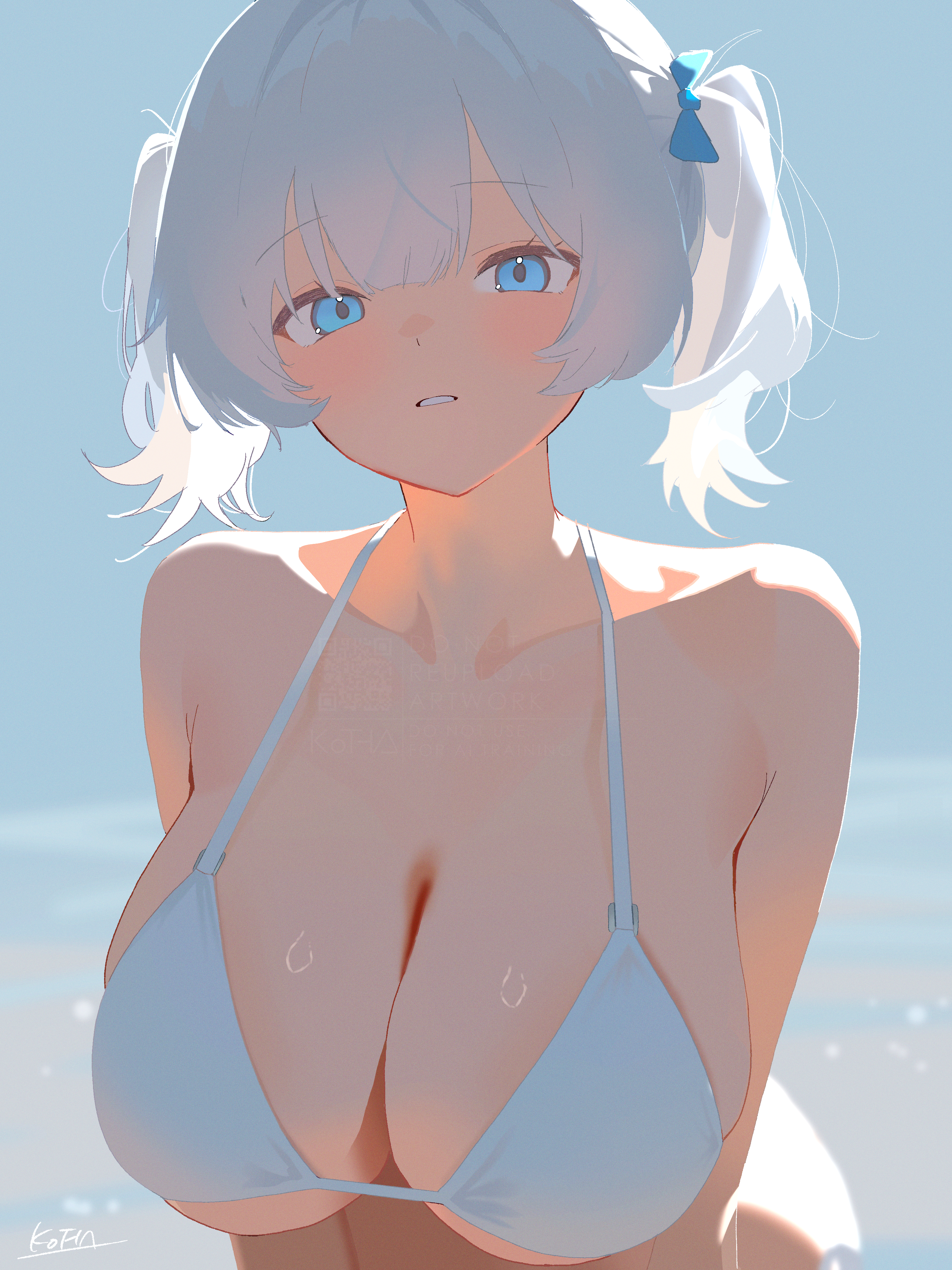 kotha art, original, absurdres, highres, 1girl, backlighting, bikini, blue eyes, blunt bangs, breasts, cleavage, hair ribbon, large breasts, leaning forward, looking at viewer, medium hair, parted lips, ribbon, swimsuit, twintails, upper body, white hair