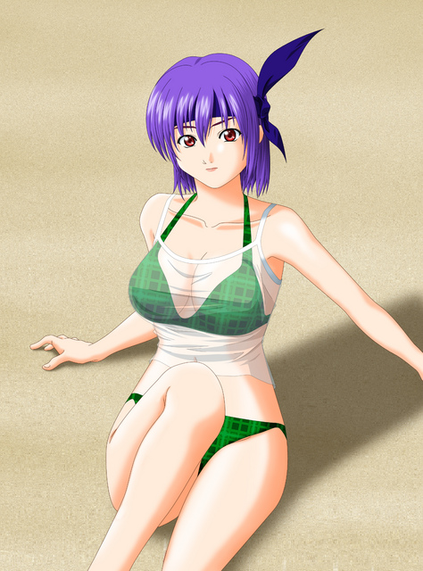 fukuoka katsumi, ayane (doa), dead or alive, tecmo, 1girl, bikini, breasts, cleavage, headband, large breasts, purple hair, red eyes, see-through clothes, short hair, swimsuit