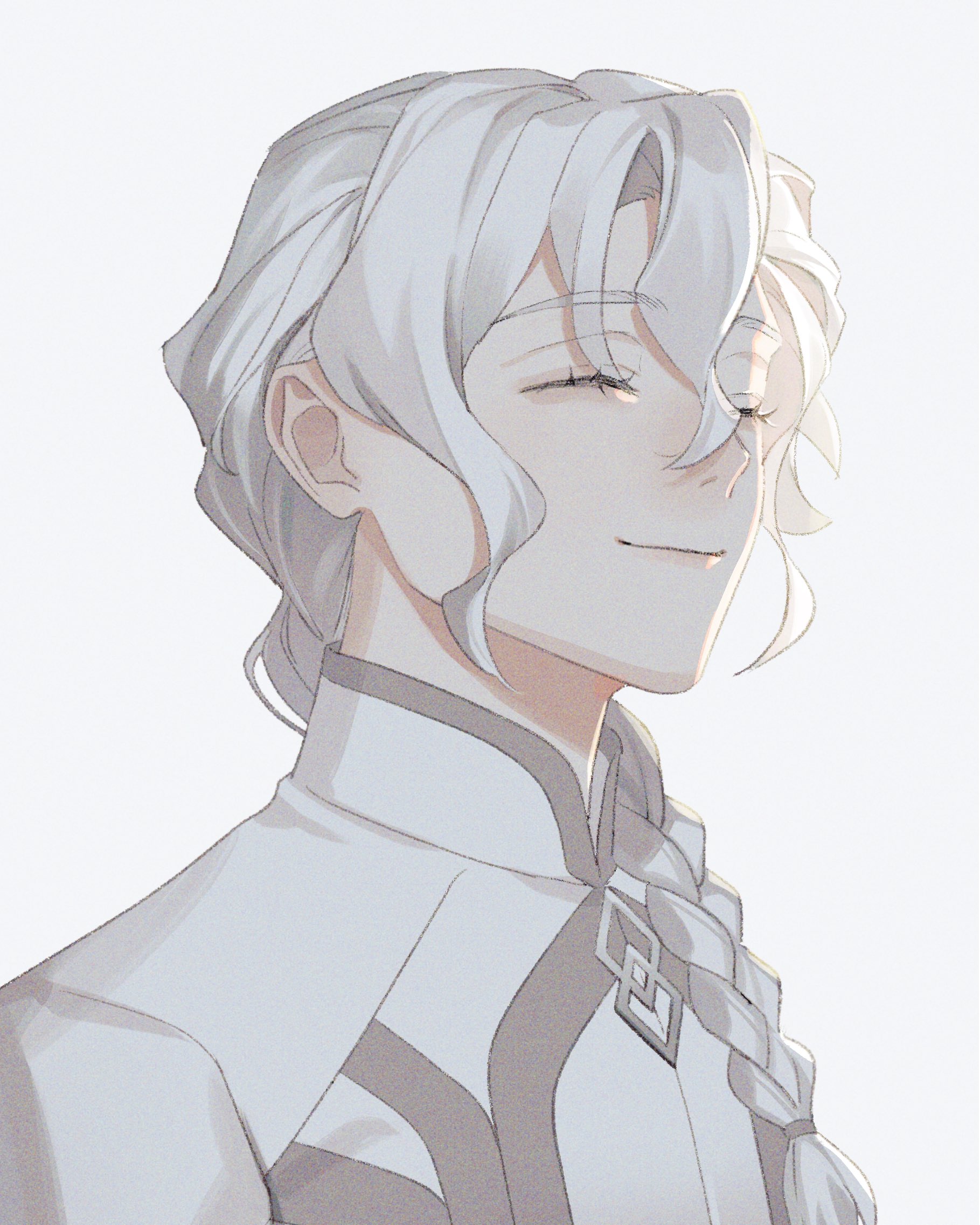 someno iki, marisbury animusphere, fate/grand order, fate (series), commentary, highres, 1boy, aegyo sal, braid, chaldea logo, closed eyes, closed mouth, coat, grey background, grey trim, hair between eyes, hair over shoulder, long hair, male focus, simple background, single braid, smile, solo, upper body, white coat, white hair