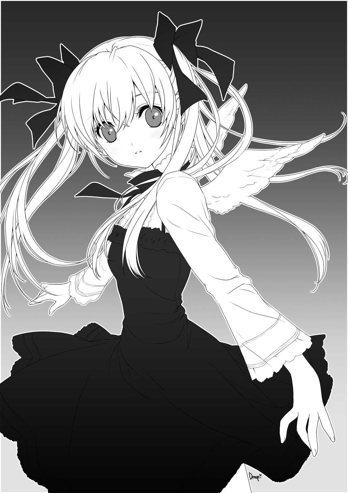 shirahane nao, nill, dogs: bullets & carnage, bad id, bad pixiv id, highres, dress, greyscale, hair ribbon, long hair, monochrome, ribbon, solo, twintails, wings