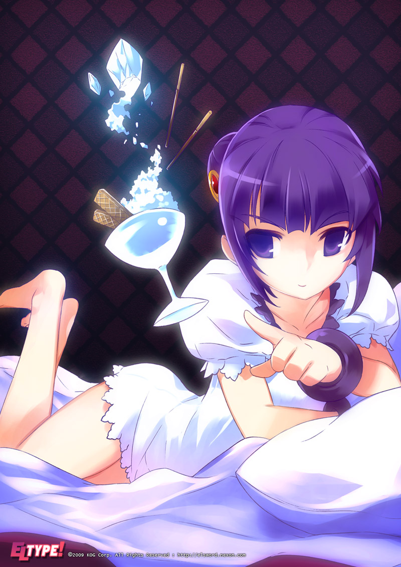 ress, aisha landar, high magician (elsword), elsword, bad id, 1girl, argyle background, argyle clothes, barefoot, bracelet, cryokinesis, female focus, floating, floating object, food, ice, jewelry, levitation, lying, pocky, pointing, purple eyes, purple hair, short hair, smile, solo, telekinesis
