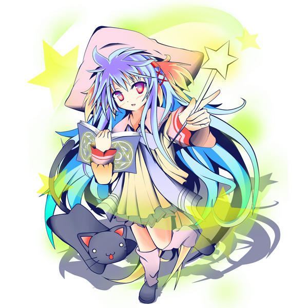 takanashi kou, shikishima krile, lump of sugar, nursery rhyme, star, resized, animal ears, blue hair, blush, book, cat, dog ears, hat, long hair, pixiv thumbnail, very long hair, wand