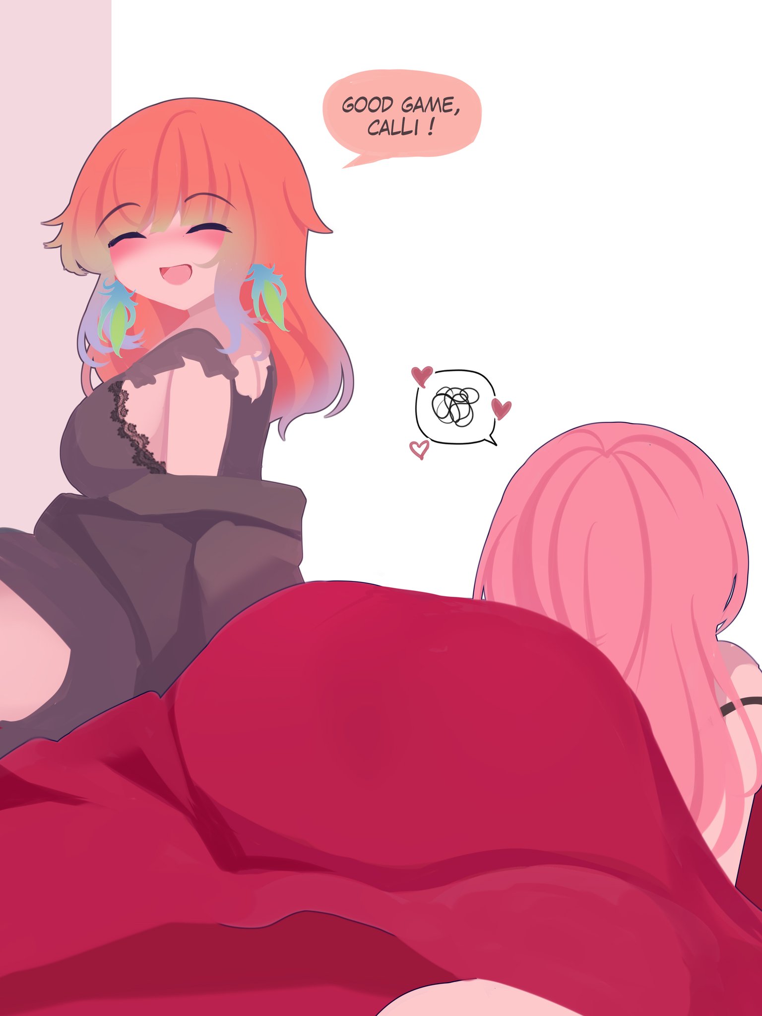 viqur, mori calliope, takanashi kiara, hololive, hololive english, highres, 2girls, alternate costume, bare shoulders, blush, breasts, couple, earrings, feather earrings, feathers, jewelry, large breasts, long hair, long sleeves, multicolored hair, multiple girls, open mouth, pink hair, simple background, virtual youtuber, white background, wife and wife, yuri