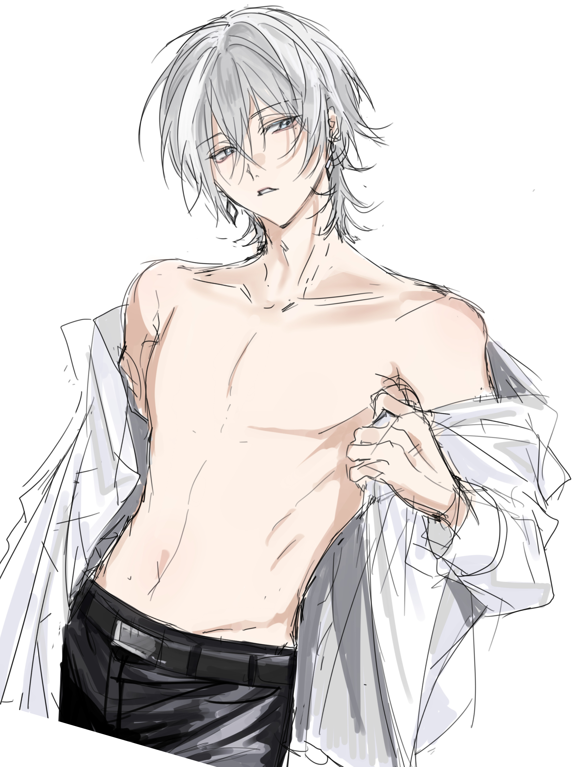 wata uu, yuki (idolish7), idolish7, absurdres, highres, 1boy, bare shoulders, belt, bishounen, black pants, collarbone, cowboy shot, expressionless, grey eyes, hair between eyes, looking to the side, male focus, messy hair, open clothes, open shirt, pants, parted lips, shirt, simple background, sketch, solo, stomach, white background, white hair, white shirt