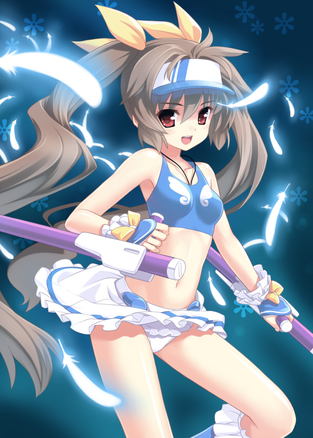 amano yuu, hasumi eri, vanguard princess, visor, 1girl, bow, brown hair, feathers, female focus, gloves, long hair, midriff, miniskirt, navel, panties, pantyshot, red eyes, ribbon, skirt, smile, solo, tonfa, twintails, underwear, visor cap, weapon, white panties, yellow bow