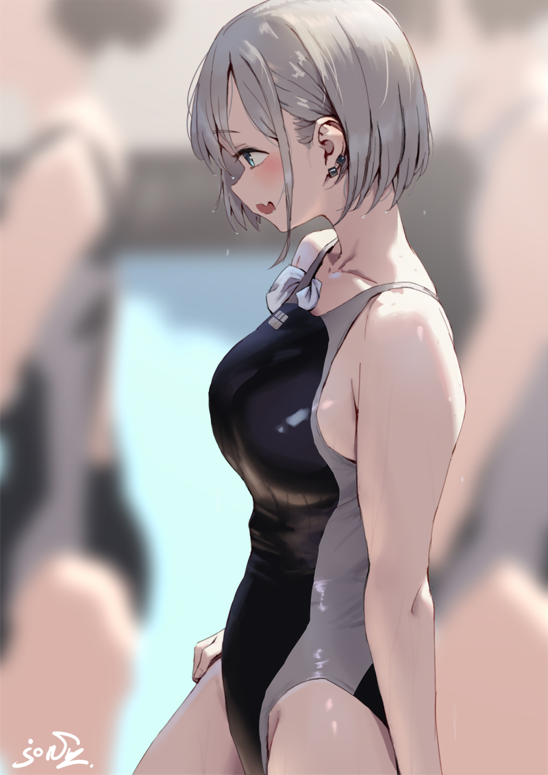 jonsun, riku (jonsun), original, commentary request, 3girls, black one-piece swimsuit, blue eyes, blurry, blurry background, breasts, completely nude, fang, grey hair, highleg, highleg one-piece swimsuit, large breasts, multiple girls, nude, one-piece swimsuit, open mouth, short hair, signature, skin fang, swimsuit