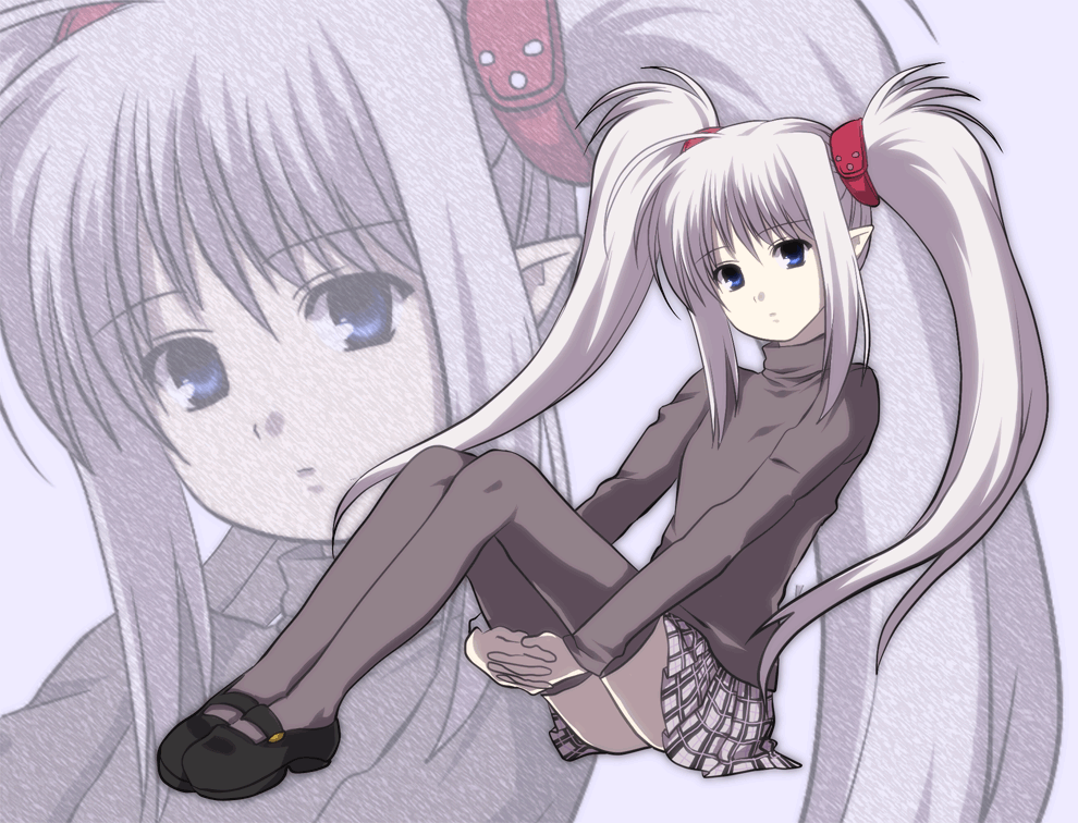 ekra, primula, shuffle!, silver hair, bad id, bad pixiv id, 00s, 1girl, blue eyes, female focus, full body, long hair, mary janes, plaid clothes, plaid skirt, pointy ears, shoes, skirt, solo, thighhighs, twintails, zoom layer