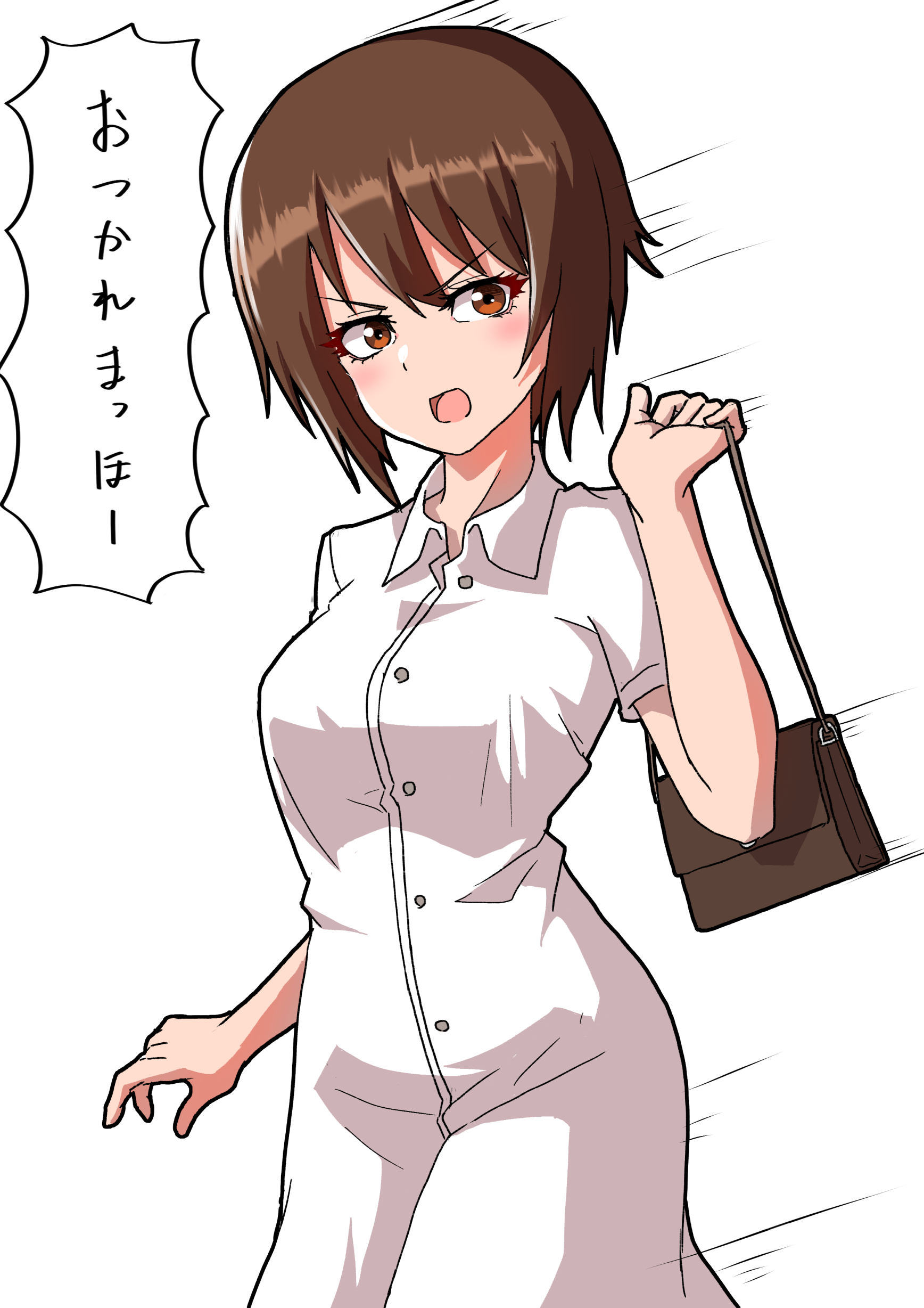 drops mint, nishizumi maho, girls und panzer, absurdres, highres, translation request, 1girl, angry, bag, breasts, brown hair, glaring, holding, holding bag, large breasts, looking at viewer, open mouth, shirt, short hair, short sleeves, simple background, solo, white background, white shirt