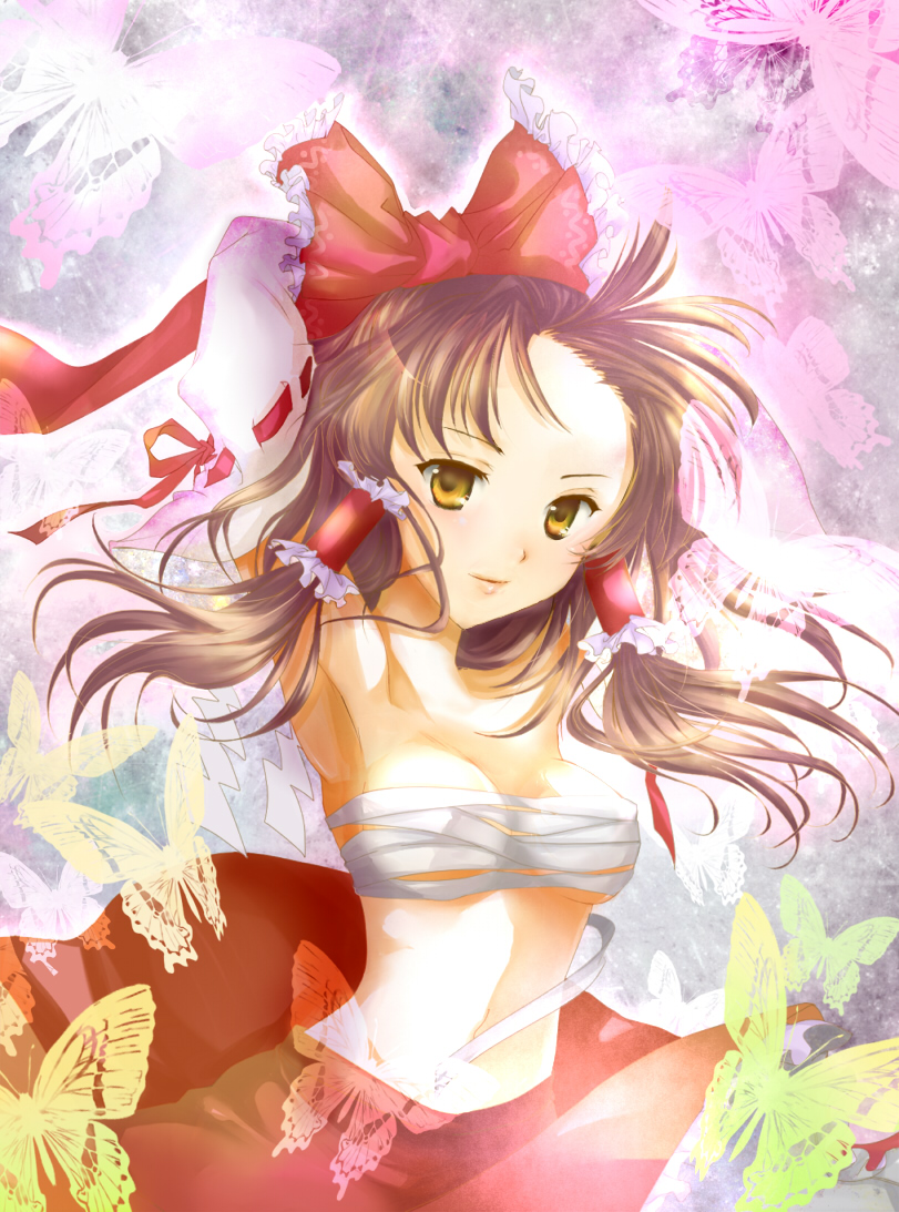 hakurei reimu, mikazuki tenma, touhou, bad id, bad pixiv id, 1girl, armpits, bow, breasts, brown hair, bug, butterfly, detached sleeves, female focus, gradient background, insect, japanese clothes, midriff, miko, navel, sarashi, short hair, skirt, solo, yellow eyes