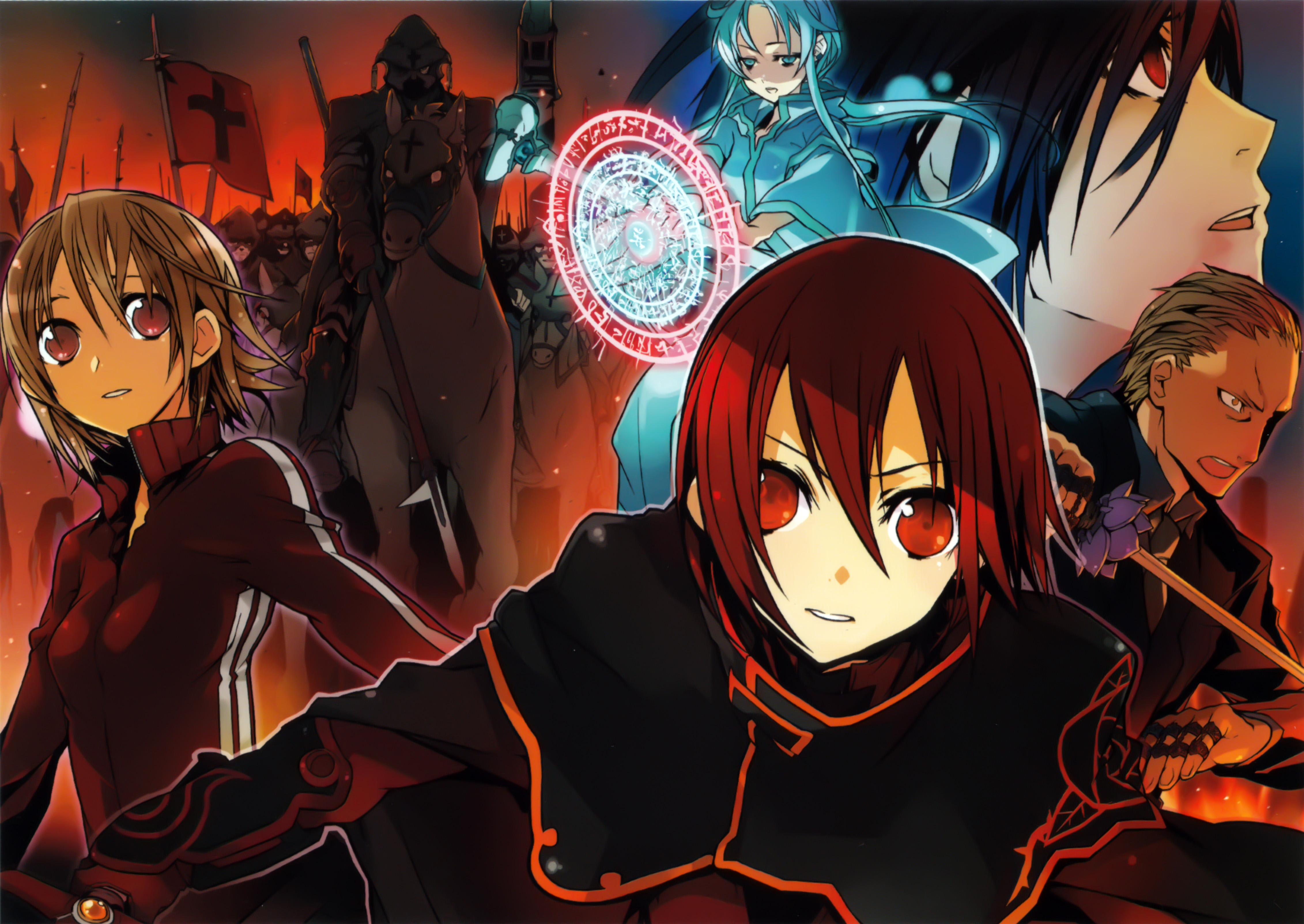 bunbun, azian, carlo bossi, luca (bara no maria), maria rose, safinia, bara no maria, absurdres, highres, 2girls, 6+boys, fantasy, multiple boys, multiple girls, red eyes, red hair, sword, weapon