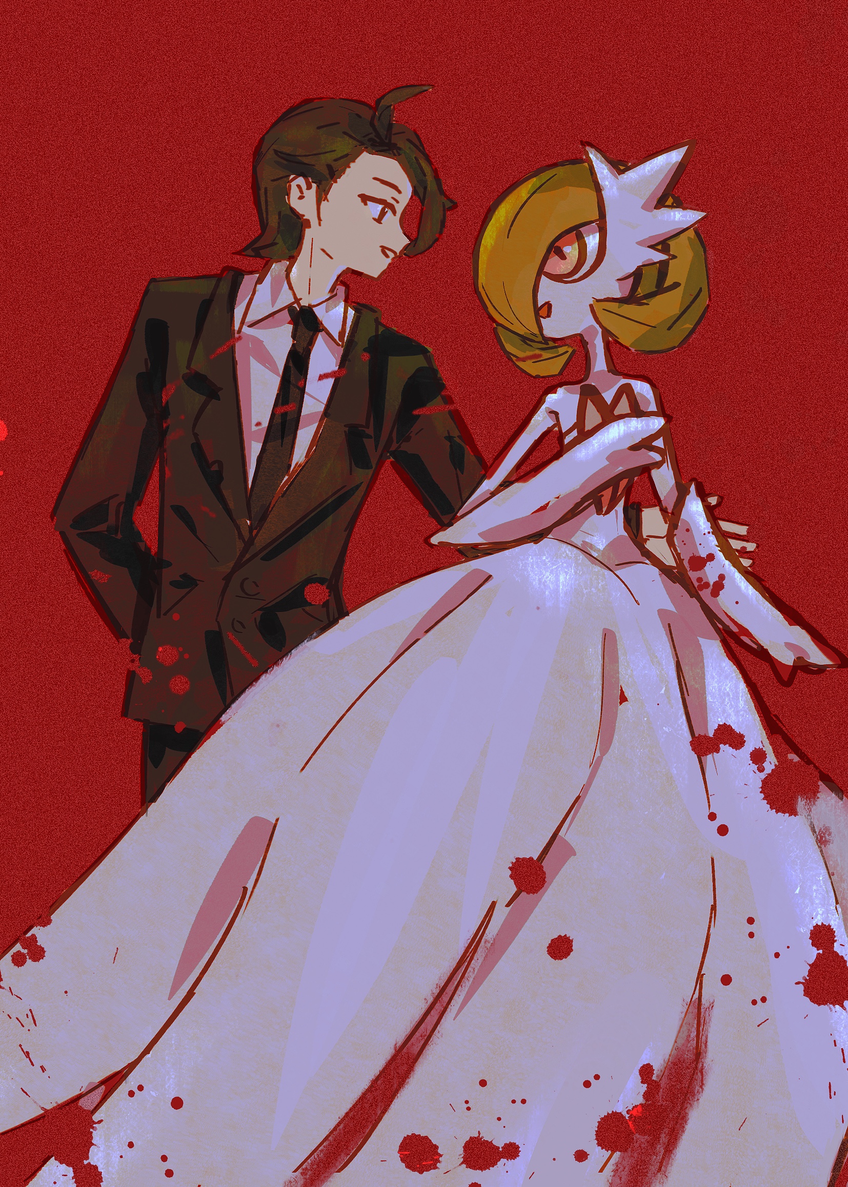 explodjelly, gardevoir, paxton (pokemon), nintendo, pokemon, pokemon legends: z-a, 1boy, 1girl, ahoge, arm around waist, arm at side, bare shoulders, black jacket, black necktie, blood, blood on clothes, blood splatter, bob cut, brown eyes, brown hair, collared shirt, colored skin, dress, elbow gloves, eye contact, formal clothes, gen 3 pokemon, gloves, green hair, hair over one eye, hand up, happy, jacket, long dress, long sleeves, looking at another, necktie, one eye covered, open mouth, pokemon (creature), profile, red background, red eyes, shirt, short hair, simple background, smile, standing, strapless, strapless dress, suit, white dress, white gloves, white shirt, white skin